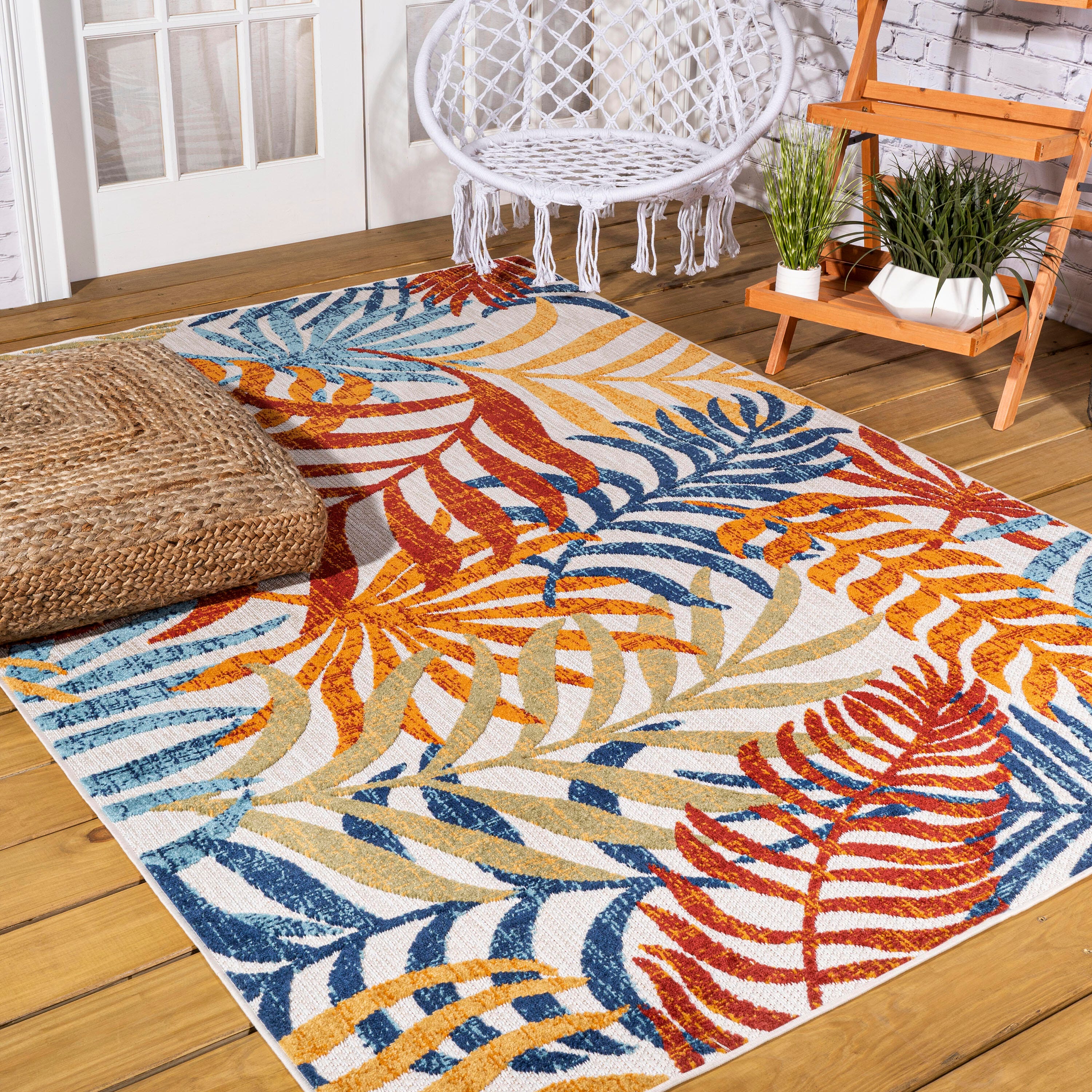 JONATHAN Y Tropics Palm Leaves Outdoor 5' x 8' Area Rug, Cream/Orange, large