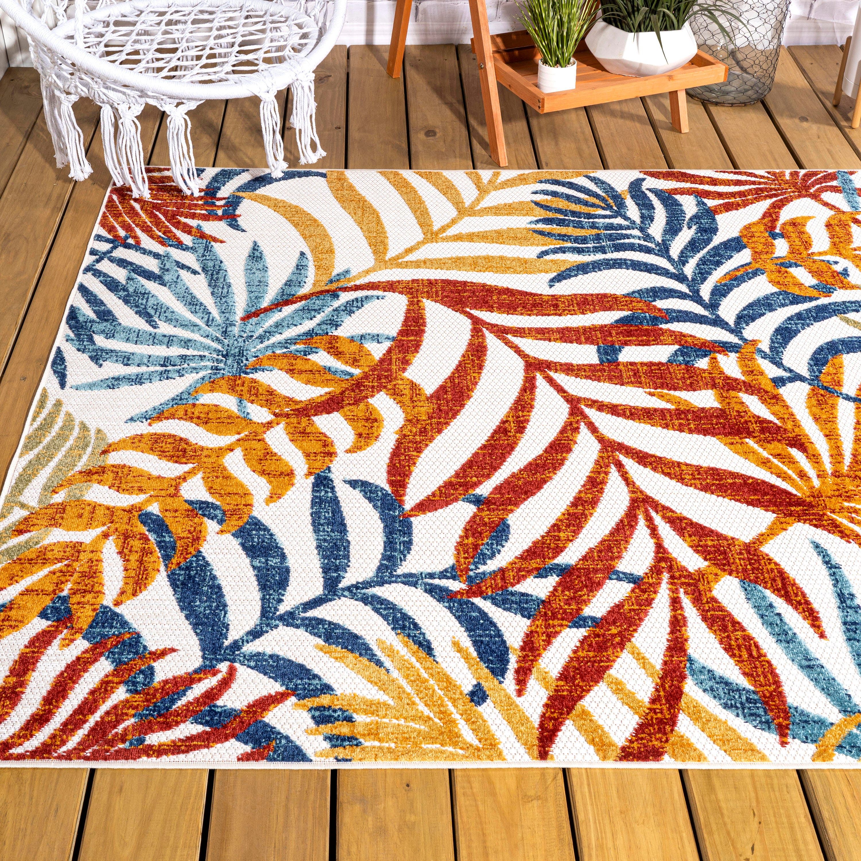 JONATHAN Y Tropics Palm Leaves Outdoor 5' x 8' Area Rug, Cream/Orange, large