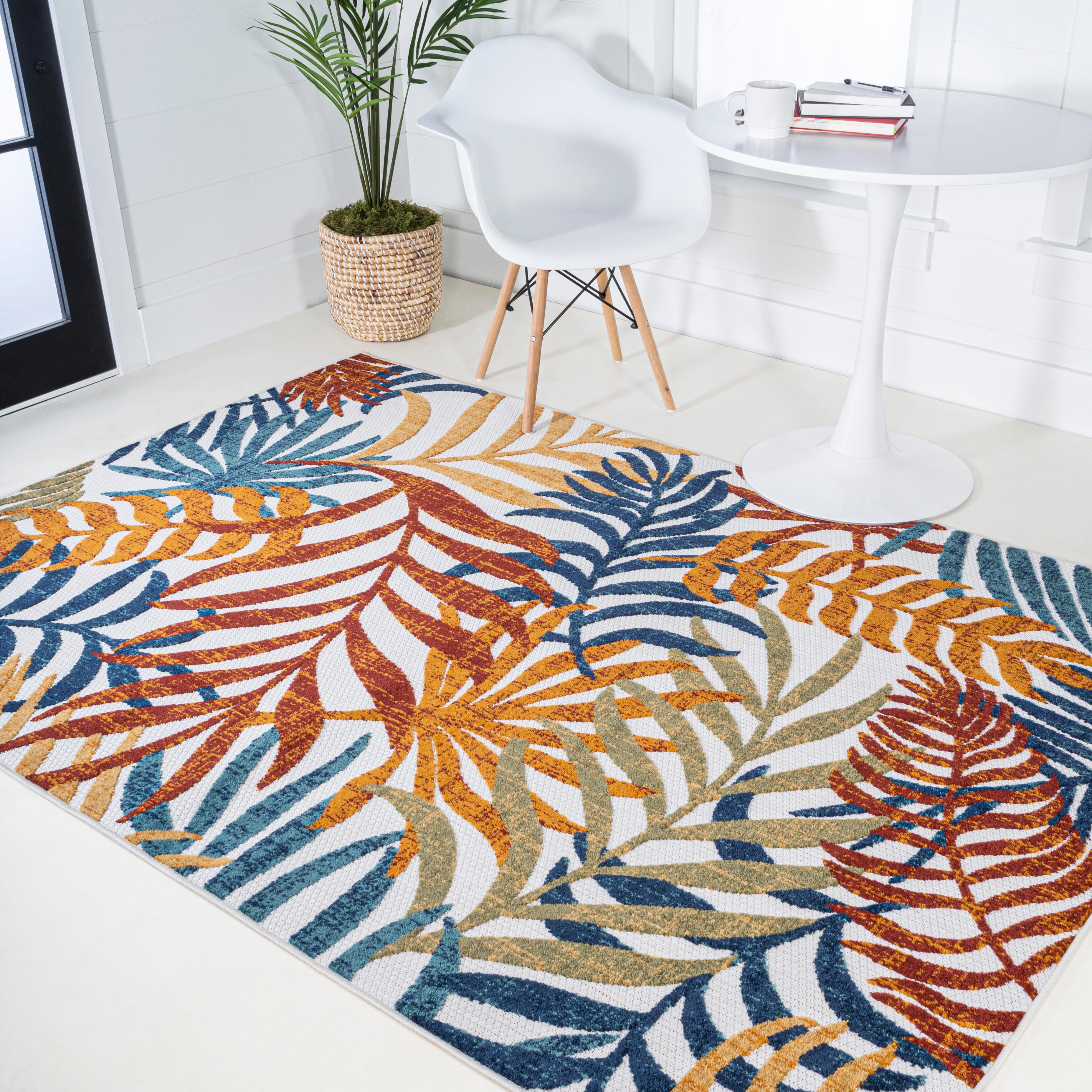JONATHAN Y Tropics Palm Leaves Outdoor 8' x 10' Area Rug, Cream/Orange, large