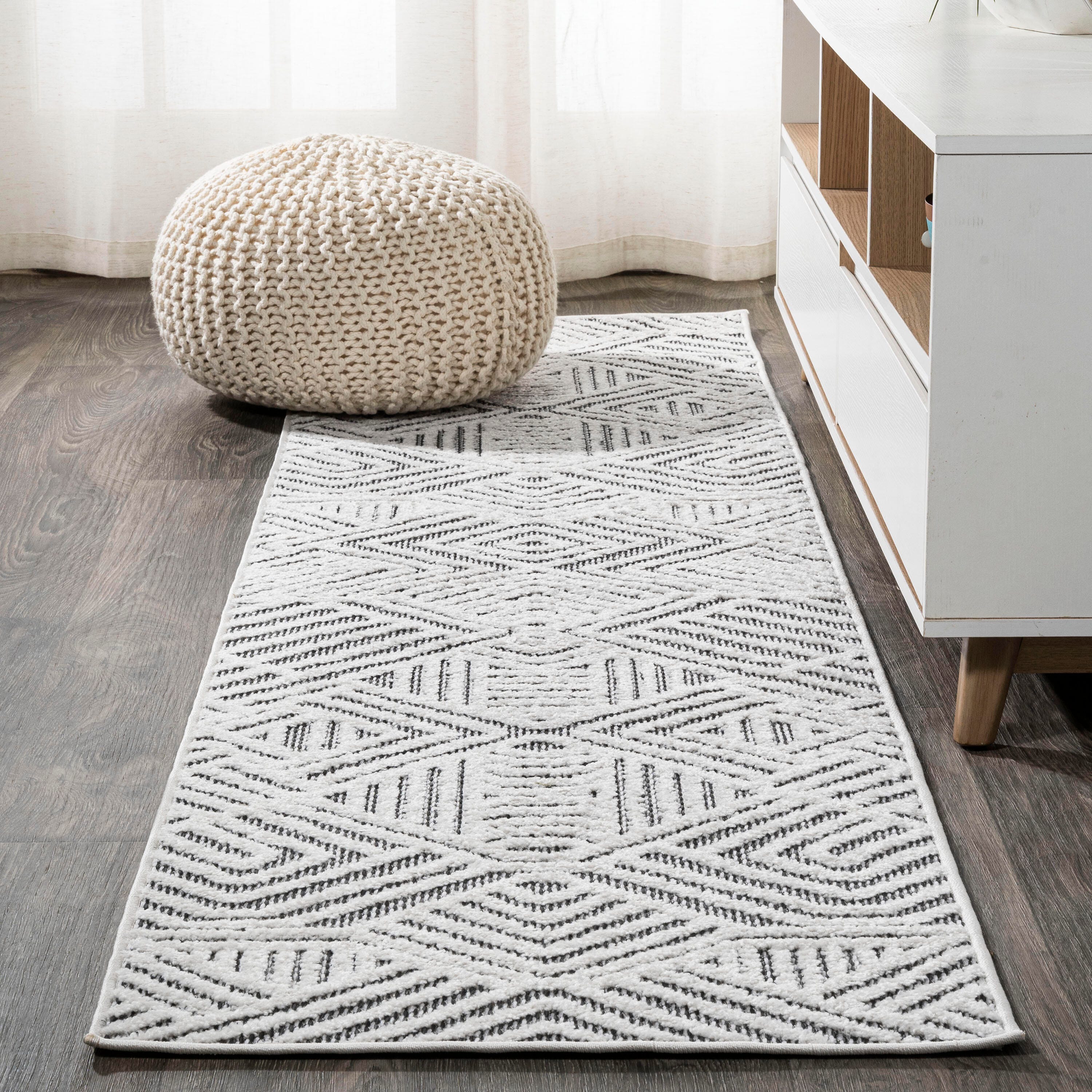 JONATHAN Y Jordan High-Low Pile Art Deco Geometric Outdoor 2' x 8' Runner Rug, White/Black, large