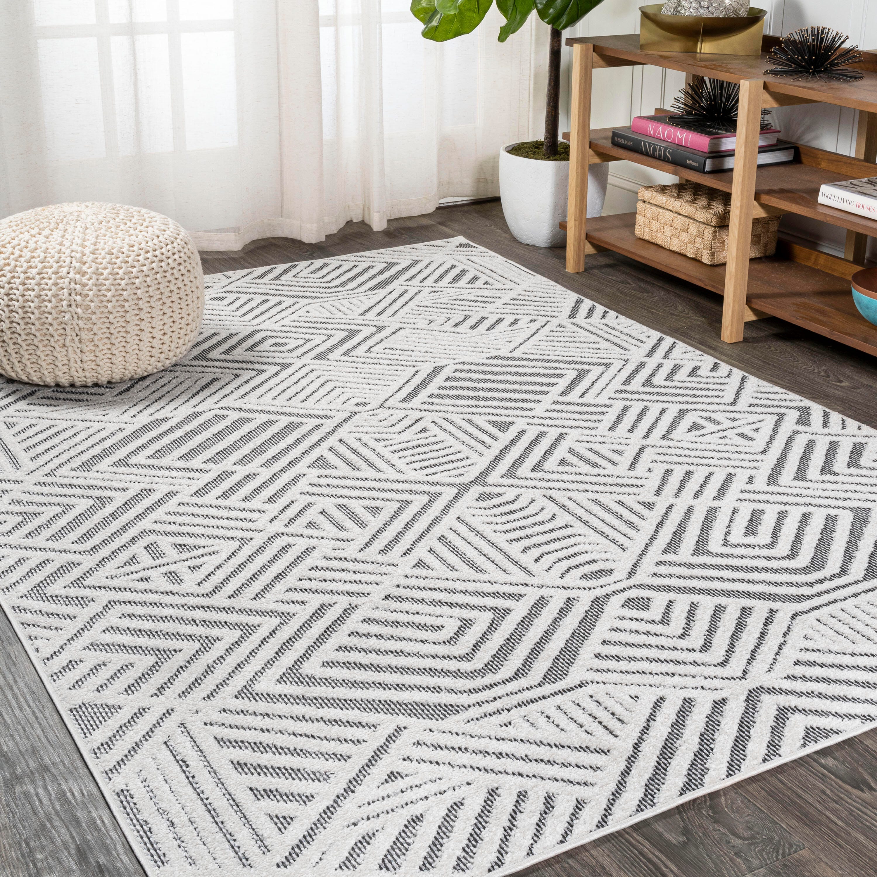 JONATHAN Y Jordan High-Low Pile Art Deco Geometric Outdoor 4' x 6' Area Rug, White/Black, rollover