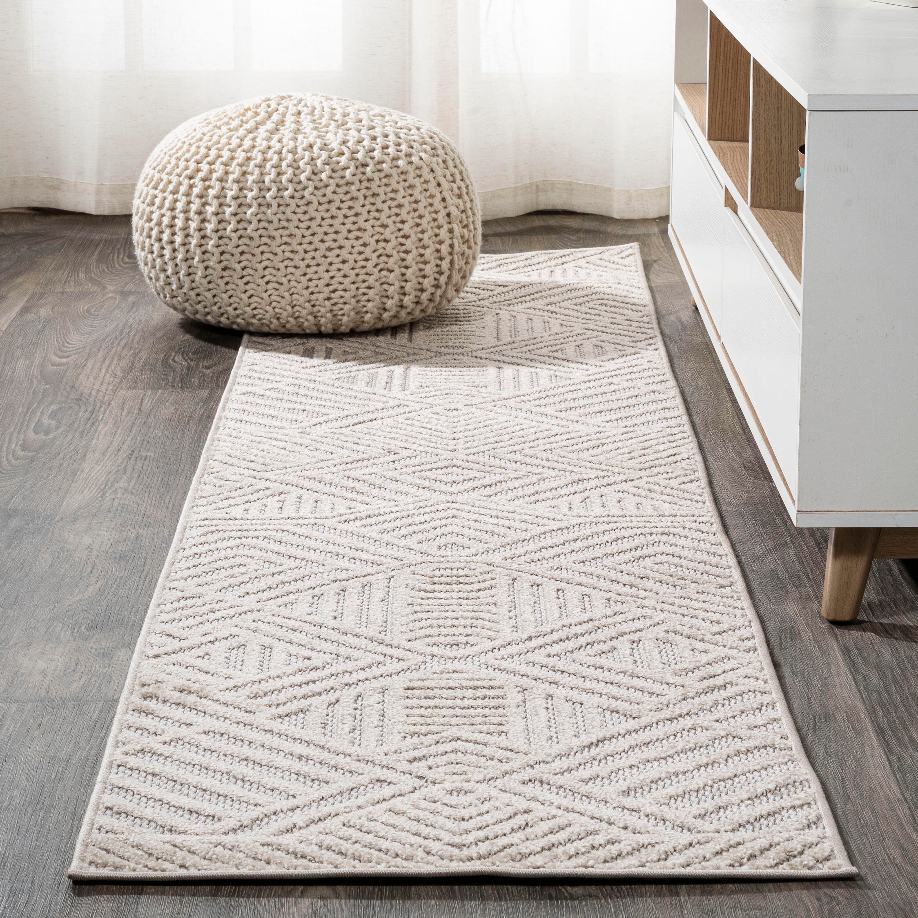 JONATHAN Y Jordan High-Low Pile Art Deco Geometric Outdoor 2' x 10' Runner Rug, Beige, rollover