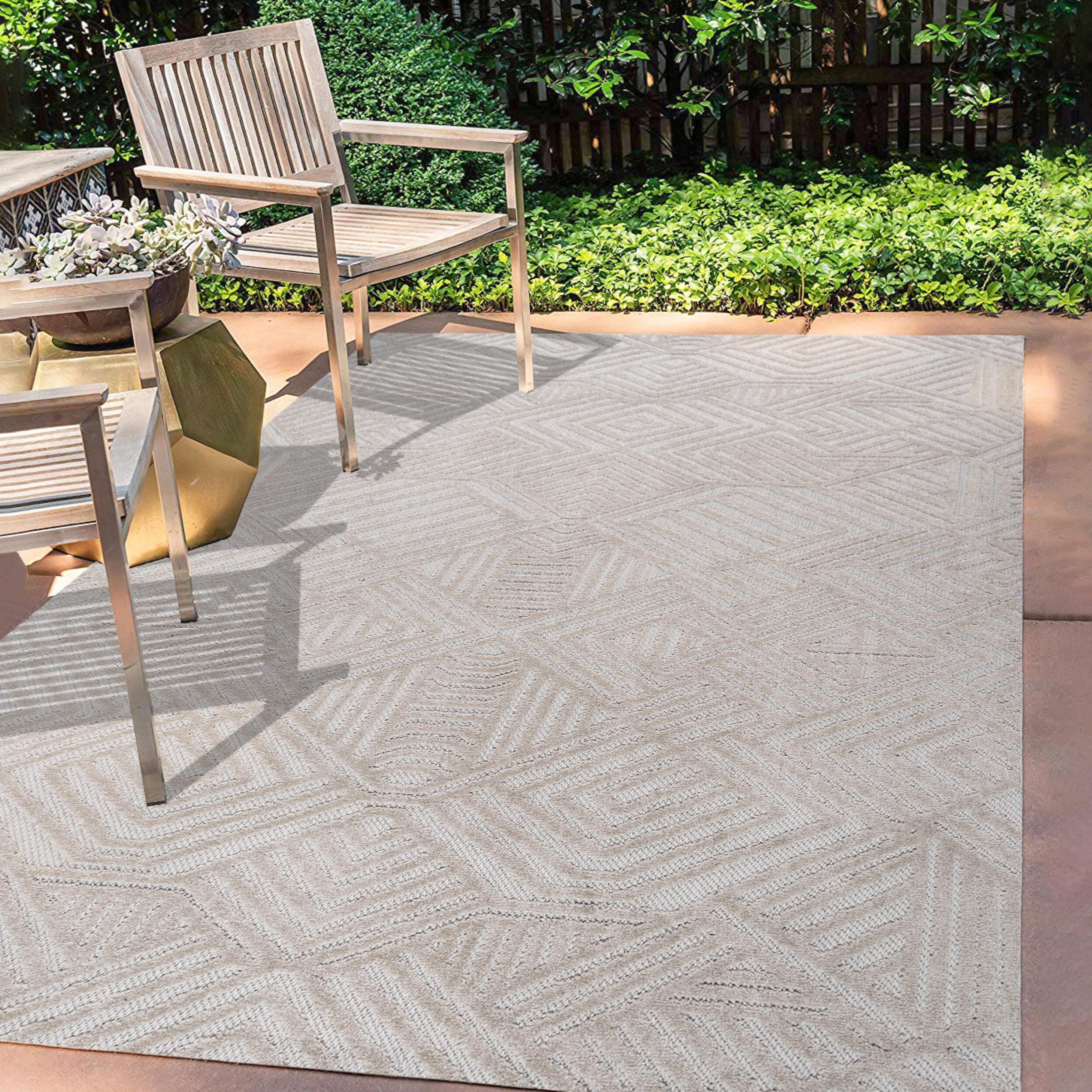 JONATHAN Y Jordan High-Low Pile Art Deco Geometric Outdoor 8' x 10' Area Rug, Beige, large