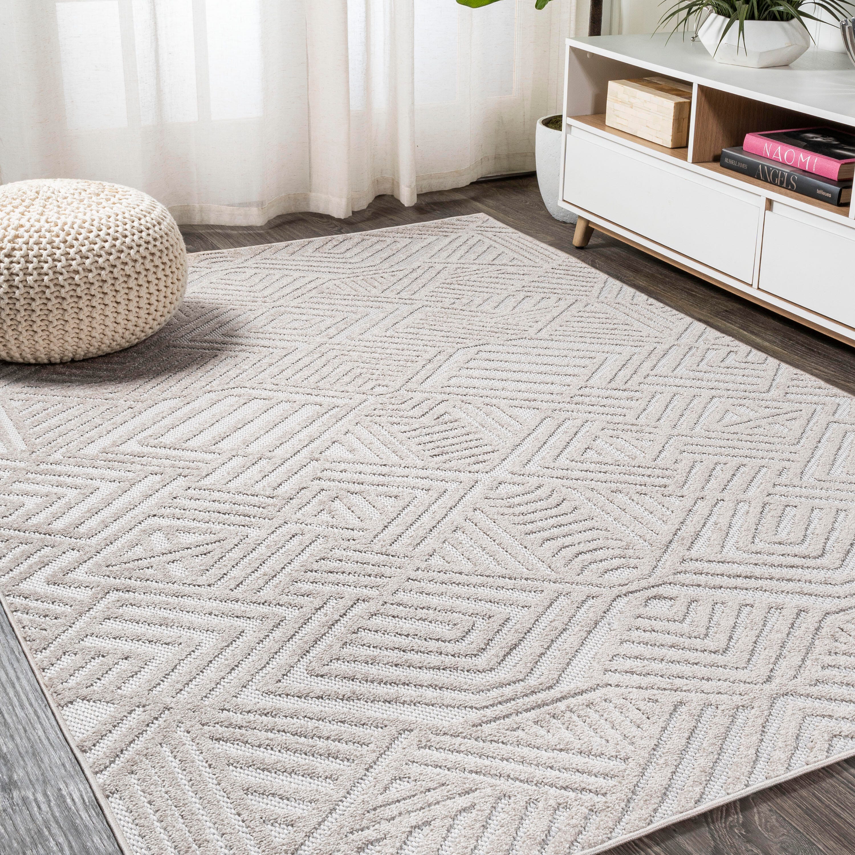 JONATHAN Y Jordan High-Low Pile Art Deco Geometric Outdoor 8' x 10' Area Rug, Beige, rollover