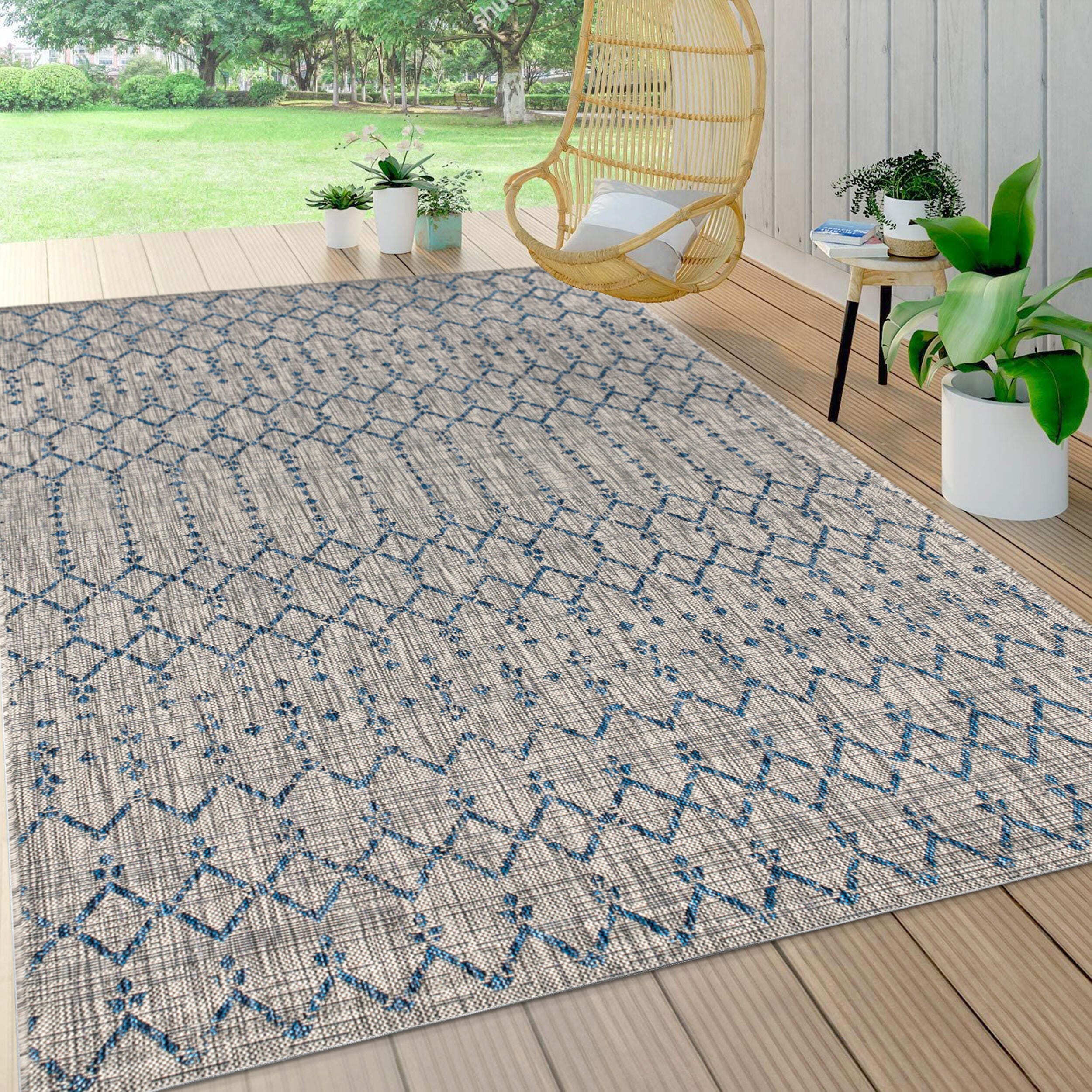 JONATHAN Y Ourika Moroccan Geometric Textured Weave Outdoor 3' x 5' Area Rug, Light Gray/Navy, rollover