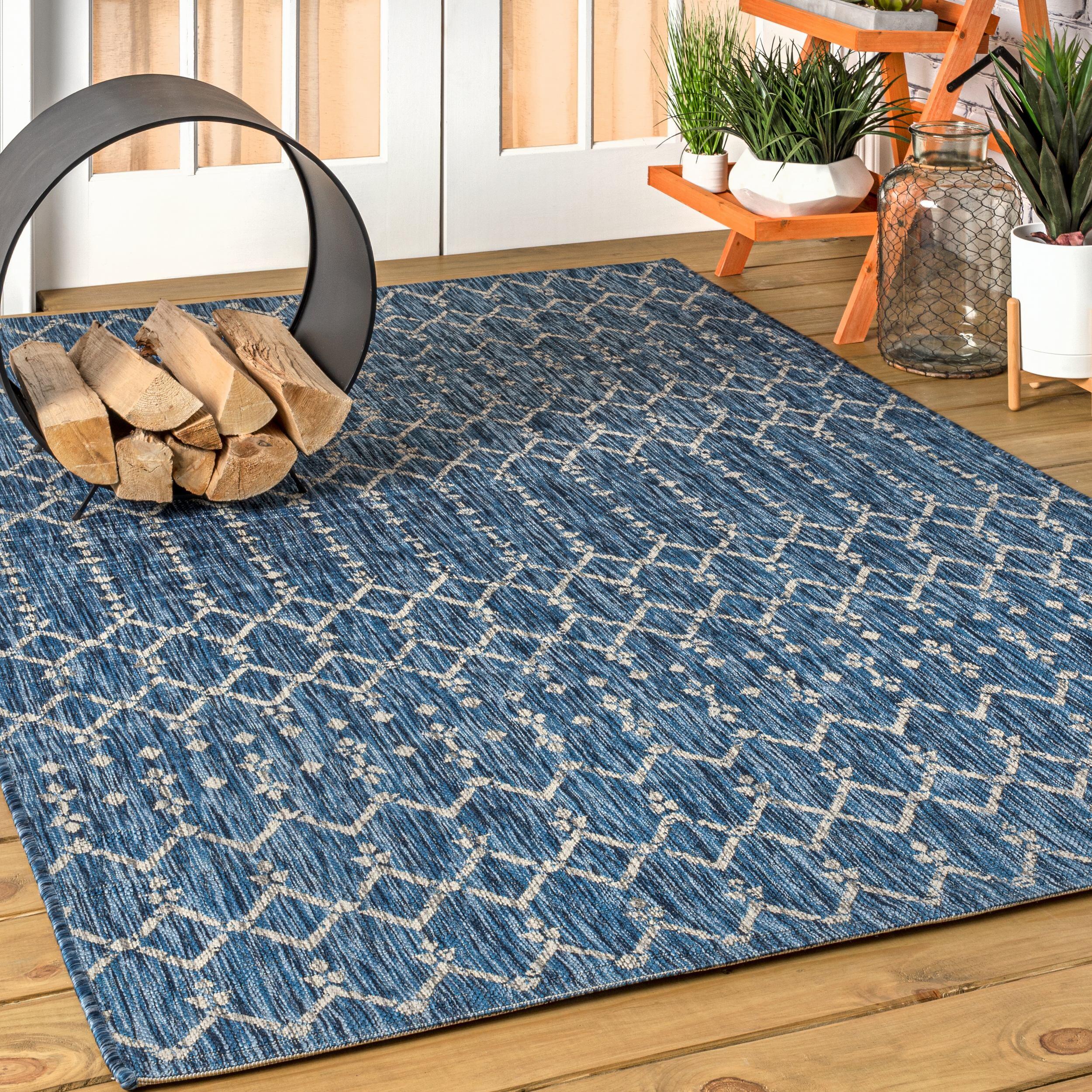 JONATHAN Y Ourika Moroccan Geometric Textured Weave Outdoor 9' x 12' Area Rug, Navy/Light Gray, large