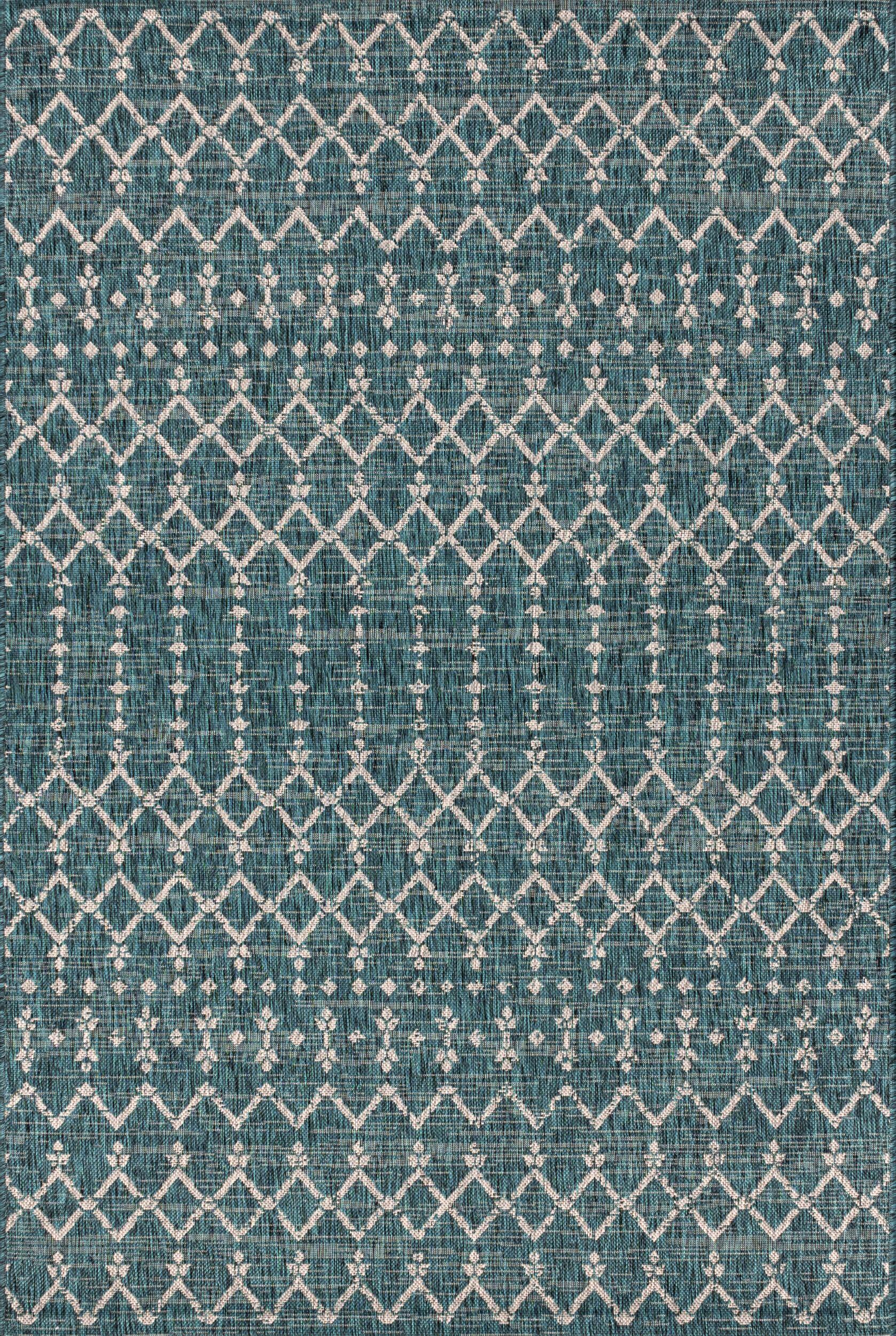 JONATHAN Y Ourika Moroccan Geometric Textured Weave Outdoor 4' x 6' Area Rug, Teal/Gray, large