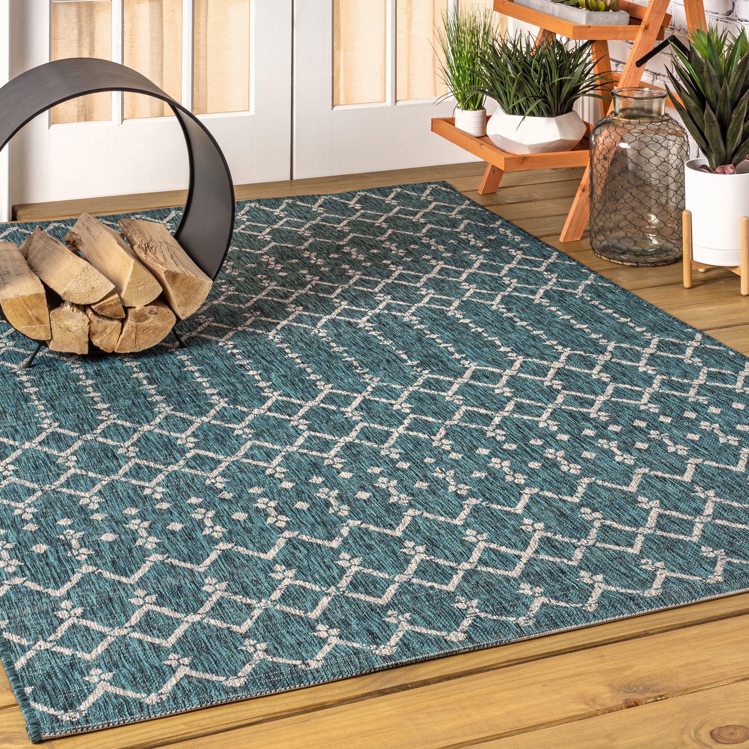 JONATHAN Y Ourika Moroccan Geometric Textured Weave Outdoor 4' x 6' Area Rug, Teal/Gray, rollover