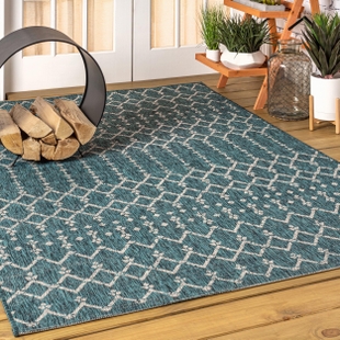JONATHAN Y Ourika Moroccan Geometric Textured Weave Outdoor 4' x 6' Area Rug, Teal/Gray, rollover
