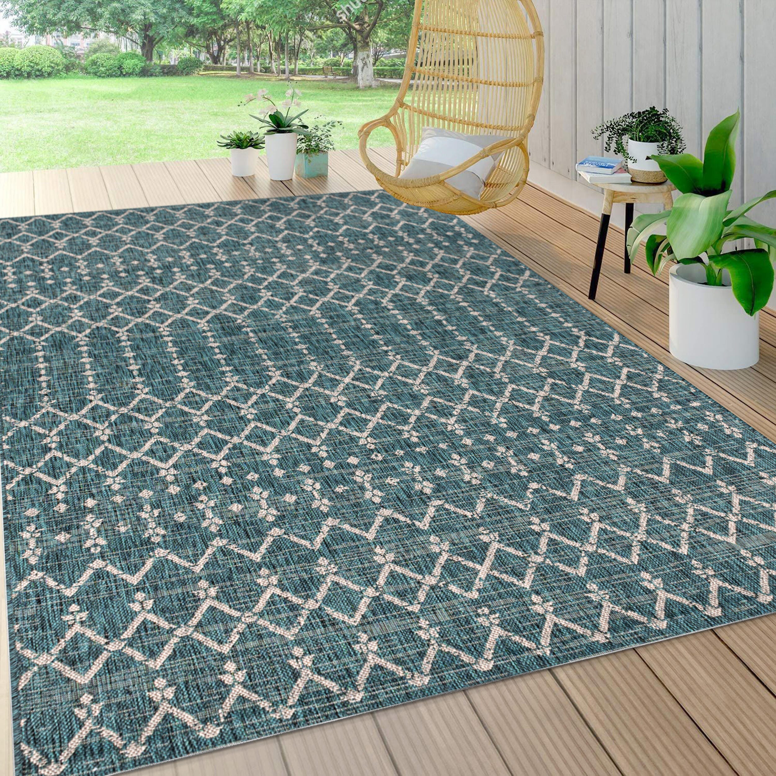 JONATHAN Y Ourika Moroccan Geometric Textured Weave Outdoor 9' x 12' Area Rug, Teal/Gray, rollover