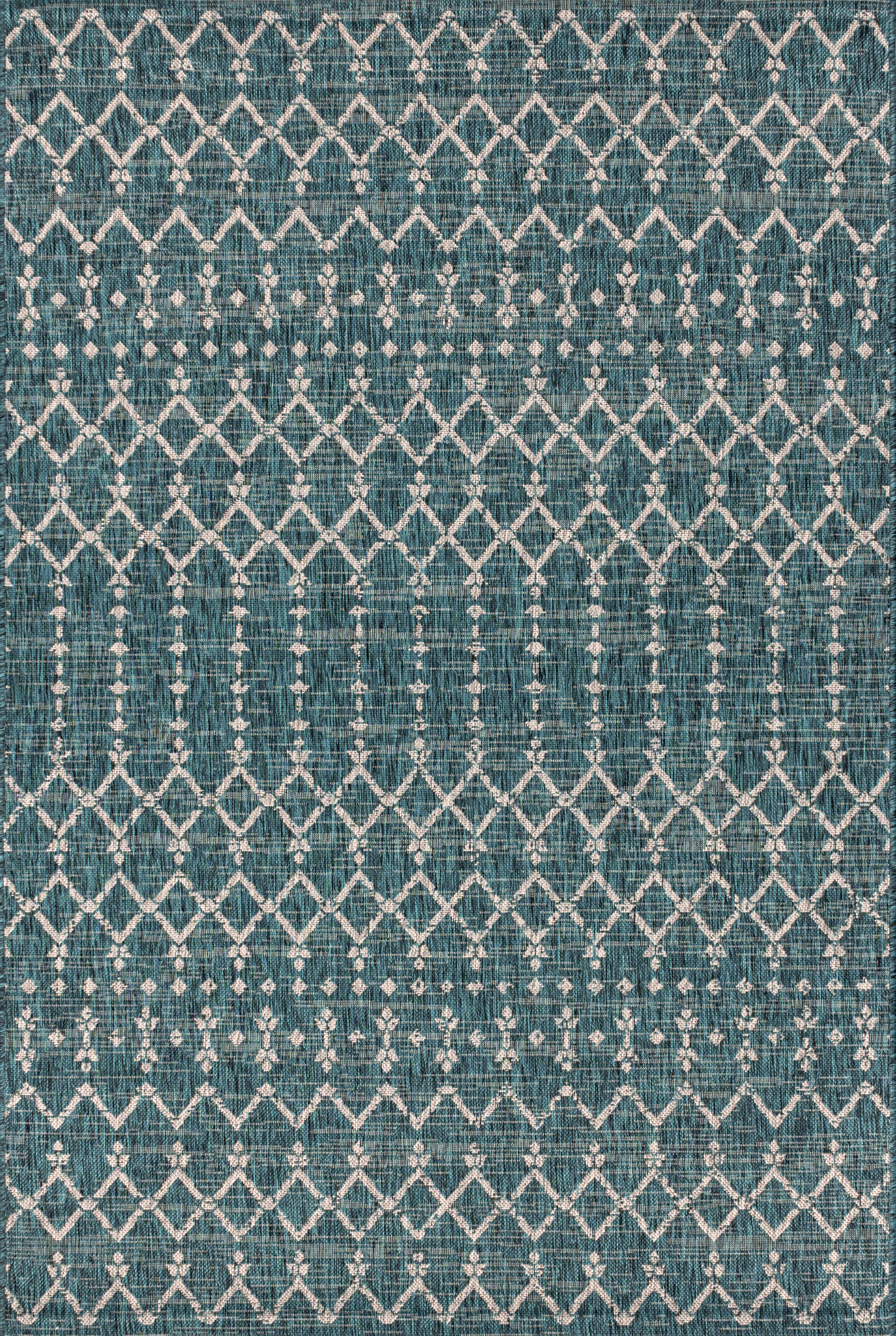 JONATHAN Y Ourika Moroccan Geometric Textured Weave Outdoor 9' x 12' Area Rug, Teal/Gray, large