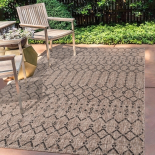 JONATHAN Y Ourika Moroccan Geometric Textured Weave Outdoor 4' x 6' Area Rug, Natural/Black, large