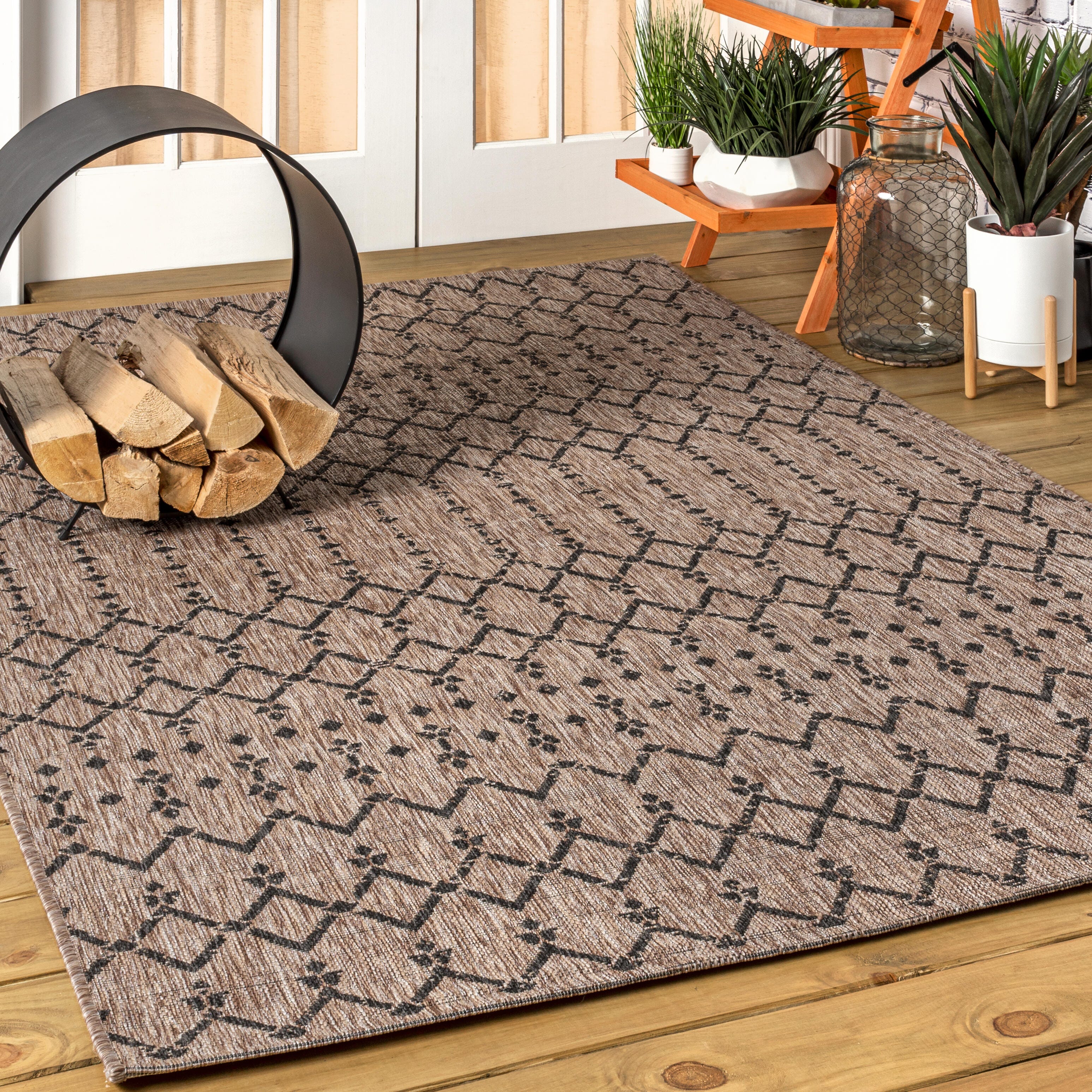 JONATHAN Y Ourika Moroccan Geometric Textured Weave Outdoor 9' x 12' Area Rug, Natural/Black, large