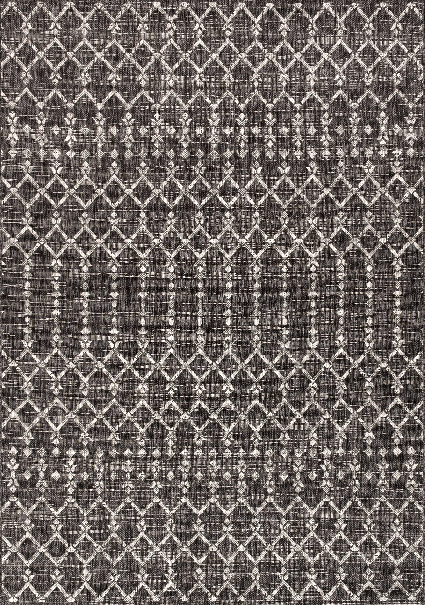 JONATHAN Y Ourika Moroccan Geometric Textured Weave Outdoor 4' x 6' Area Rug, Black/Gray, large