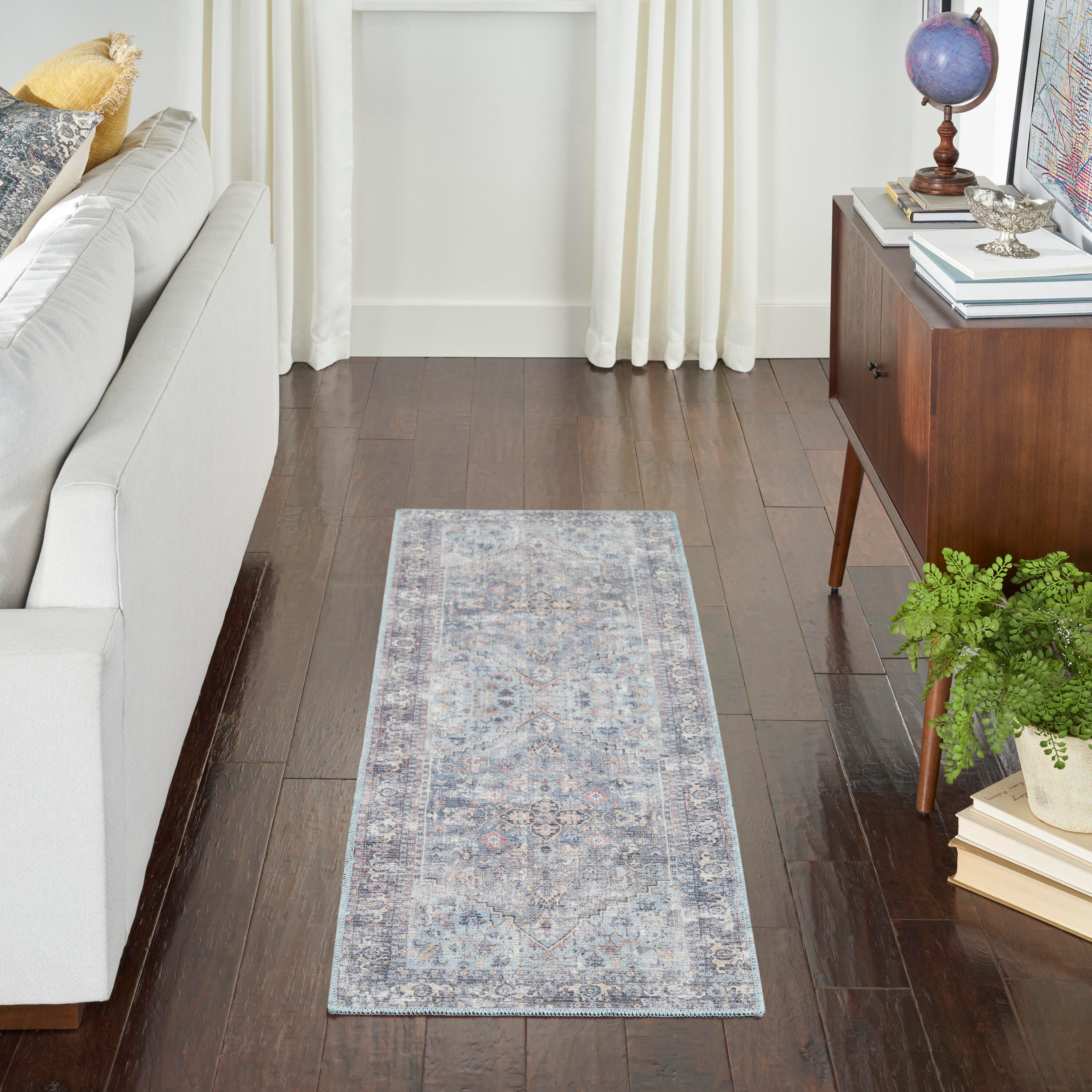 Nourison Home  Nicole Curtis Machine Washable Series 1 2' x 6' Light Grey/Blue Vintage Indoor Rug, Light Gray/Blue, rollover