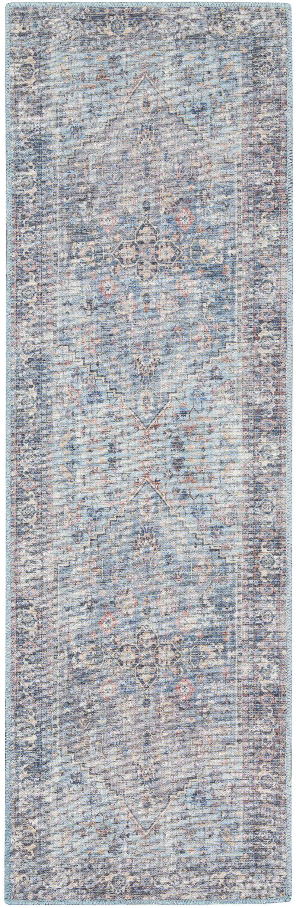 Nourison Home  Nicole Curtis Machine Washable Series 1 2' x 6' Light Grey/Blue Vintage Indoor Rug, Light Gray/Blue, large