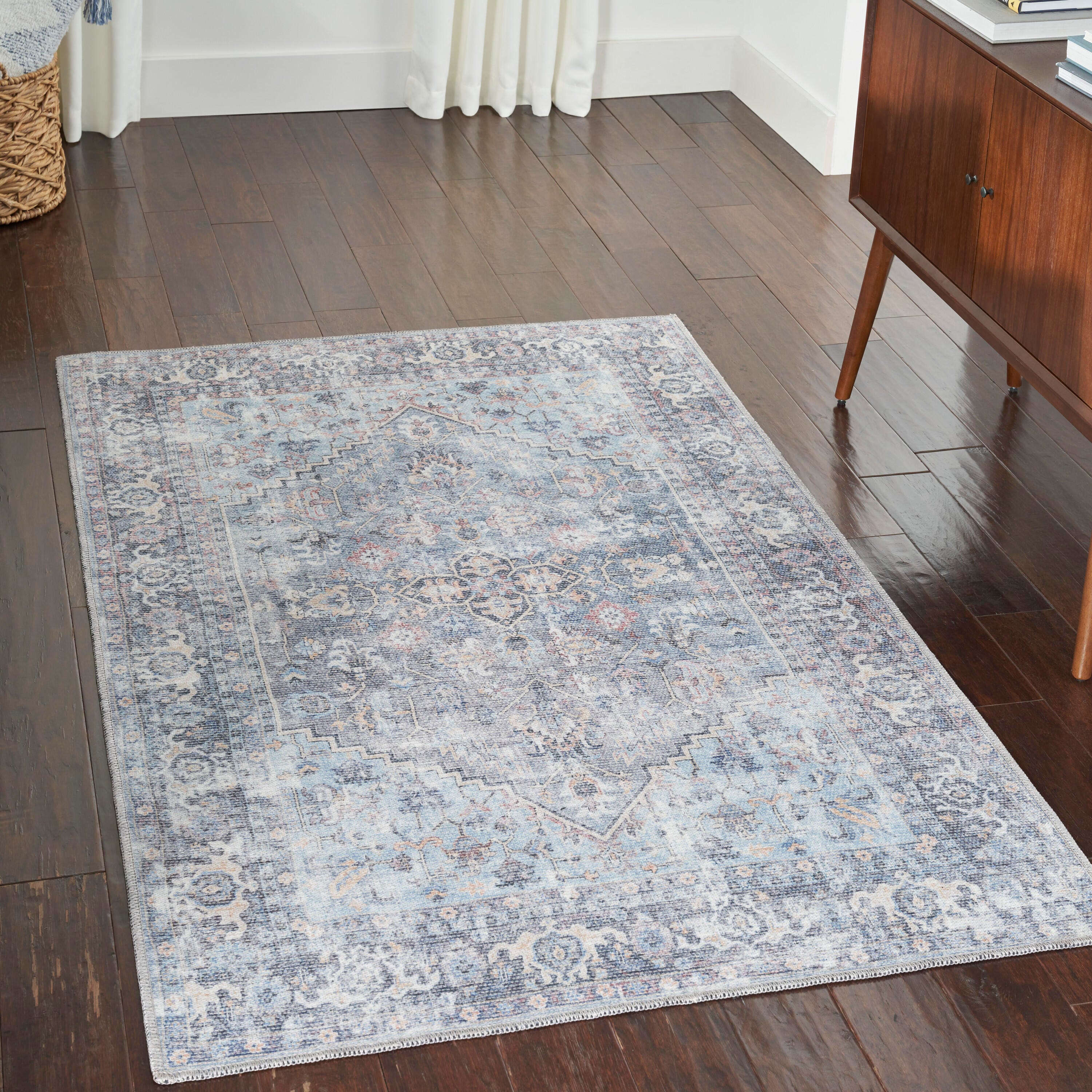 Nourison Home  Nicole Curtis Machine Washable Series 1 4' x 6' Light Grey/Blue Vintage Indoor Rug, Light Gray/Blue, rollover
