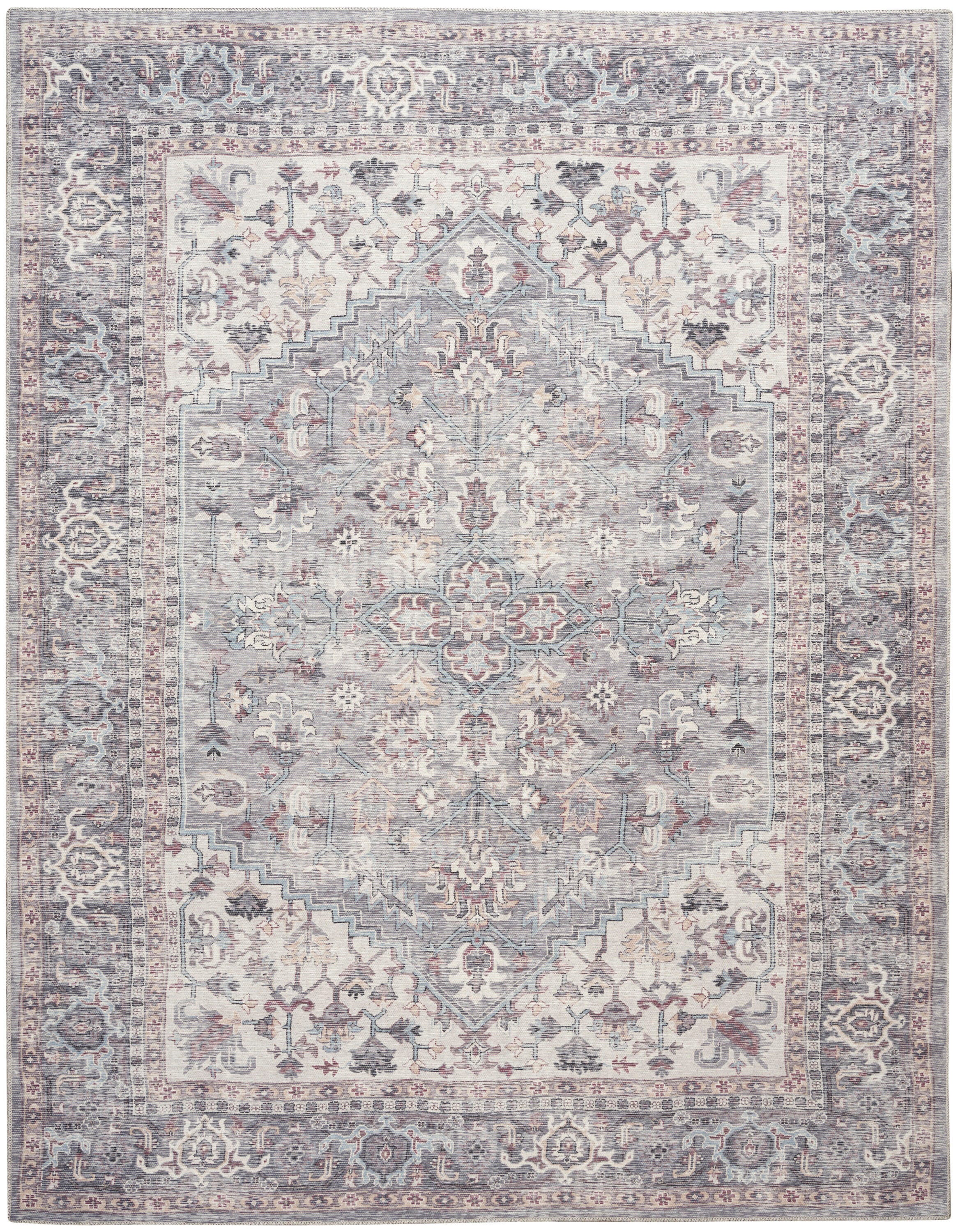 Nourison Home  Nicole Curtis Machine Washable Series 1 7'10" x 9'10" Grey Vintage Indoor Rug, Gray, large