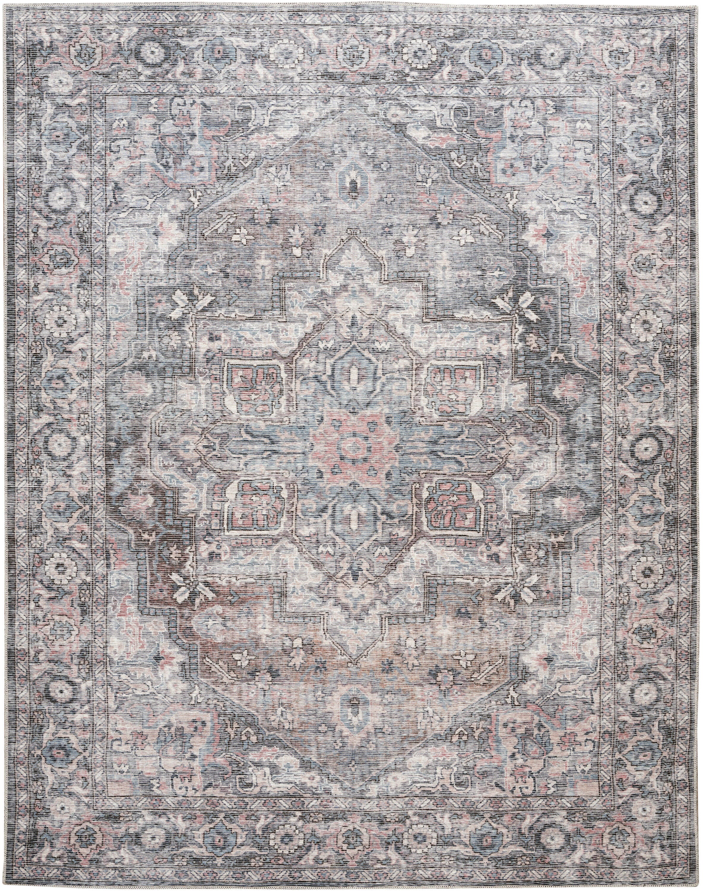 Nourison Home  Nicole Curtis Machine Washable Series 1 9'2" x 12' Grey Vintage Indoor Rug, Gray, large