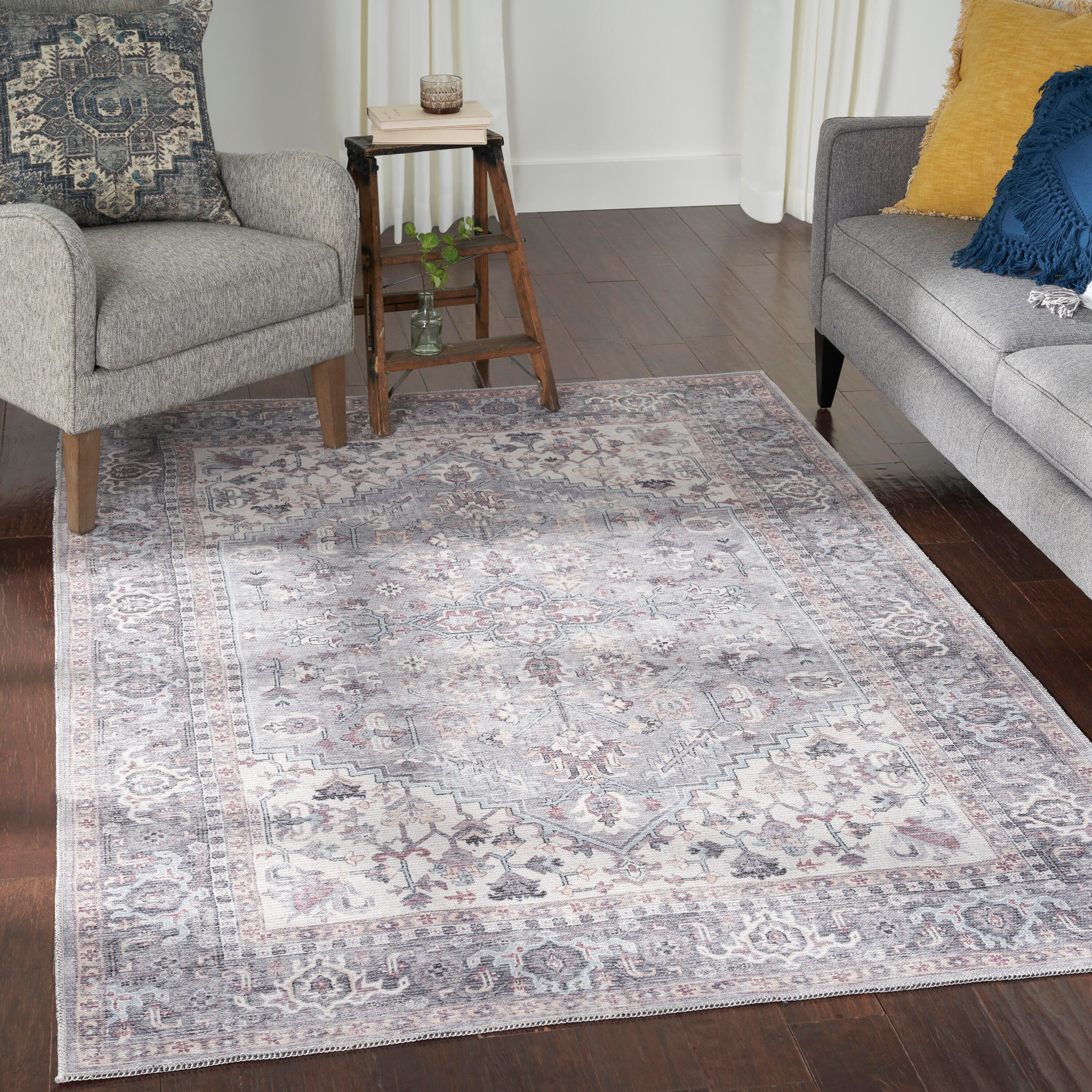 Nourison Home  Nicole Curtis Machine Washable Series 1 4' x 6' Grey Vintage Indoor Rug, Gray, rollover