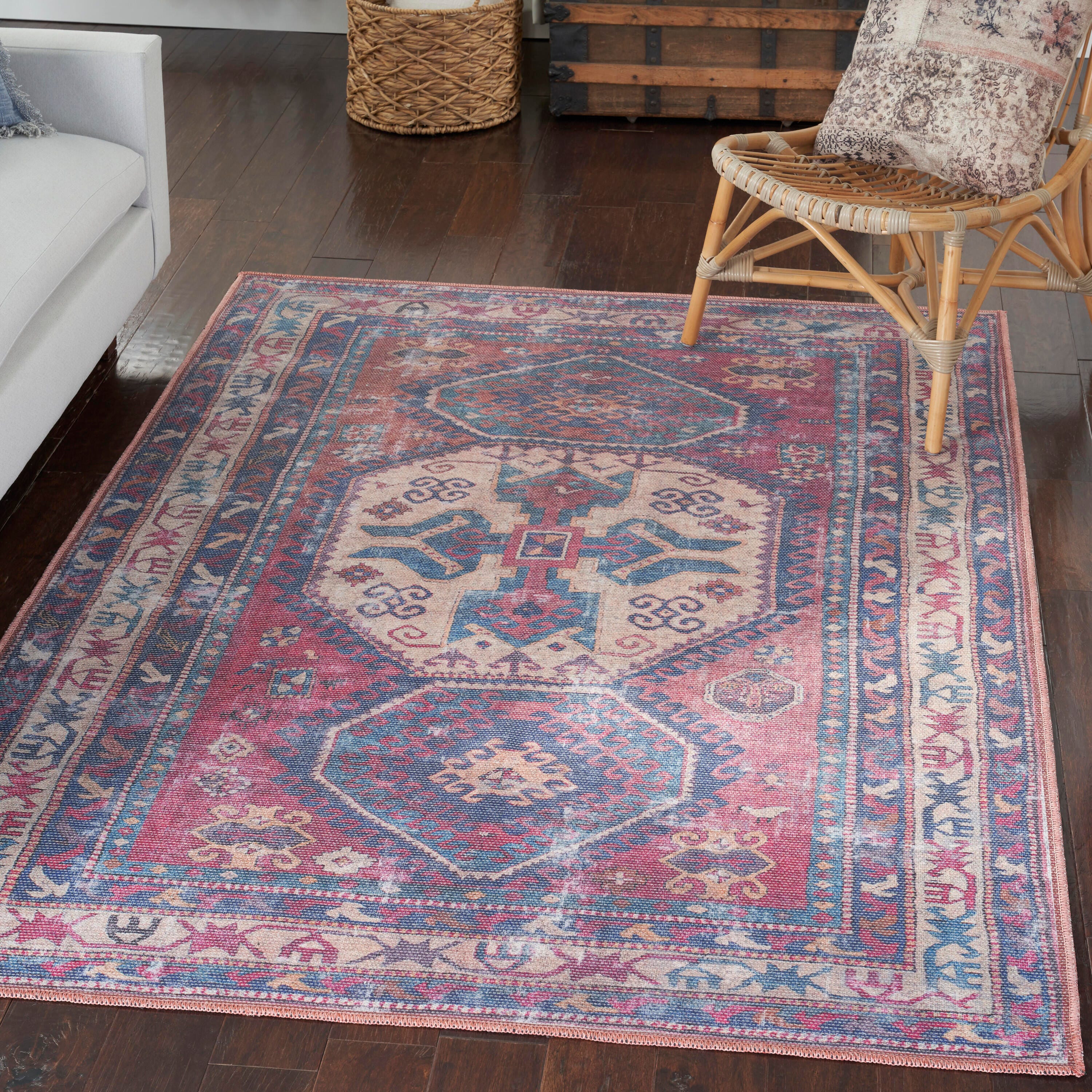 Nourison Home  Nicole Curtis Machine Washable Series 1 4' x 6' Red/Navy Vintage Indoor Rug, Red/Navy, rollover