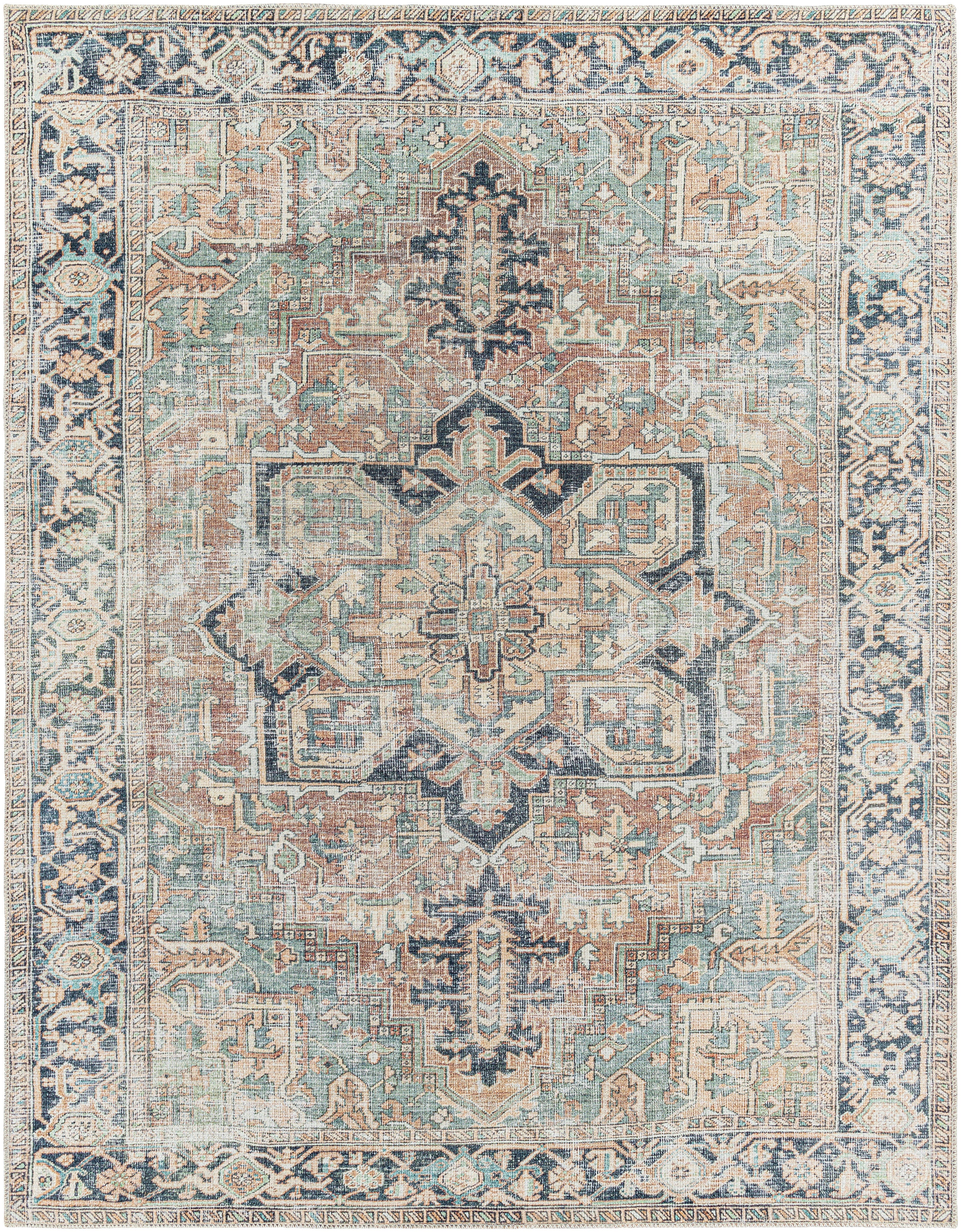 Surya Kemer Vintage Medallion Machine Washable Area Rug, 6'7" x 9', Green, Green, large