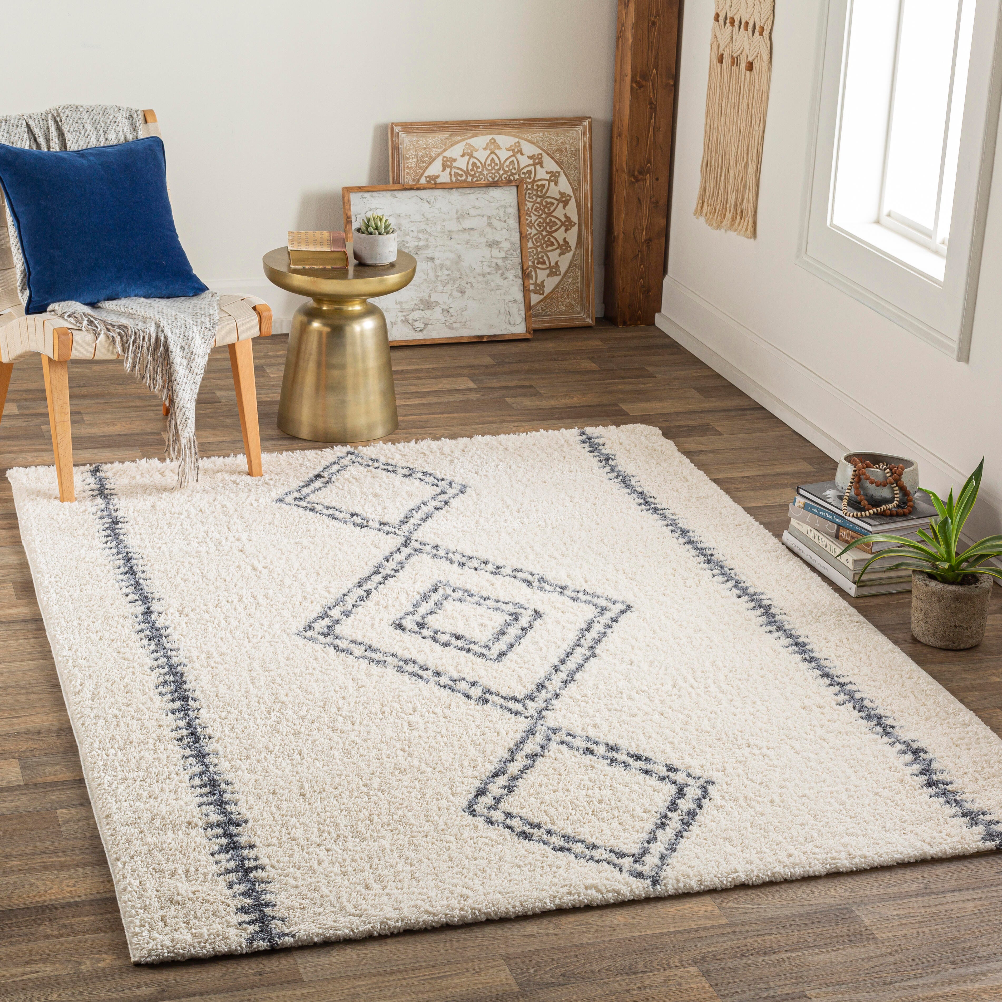 Surya Puffy Shag 7'10" x 10' Simplistic Diamond Area Rug, Cream/Blue, rollover