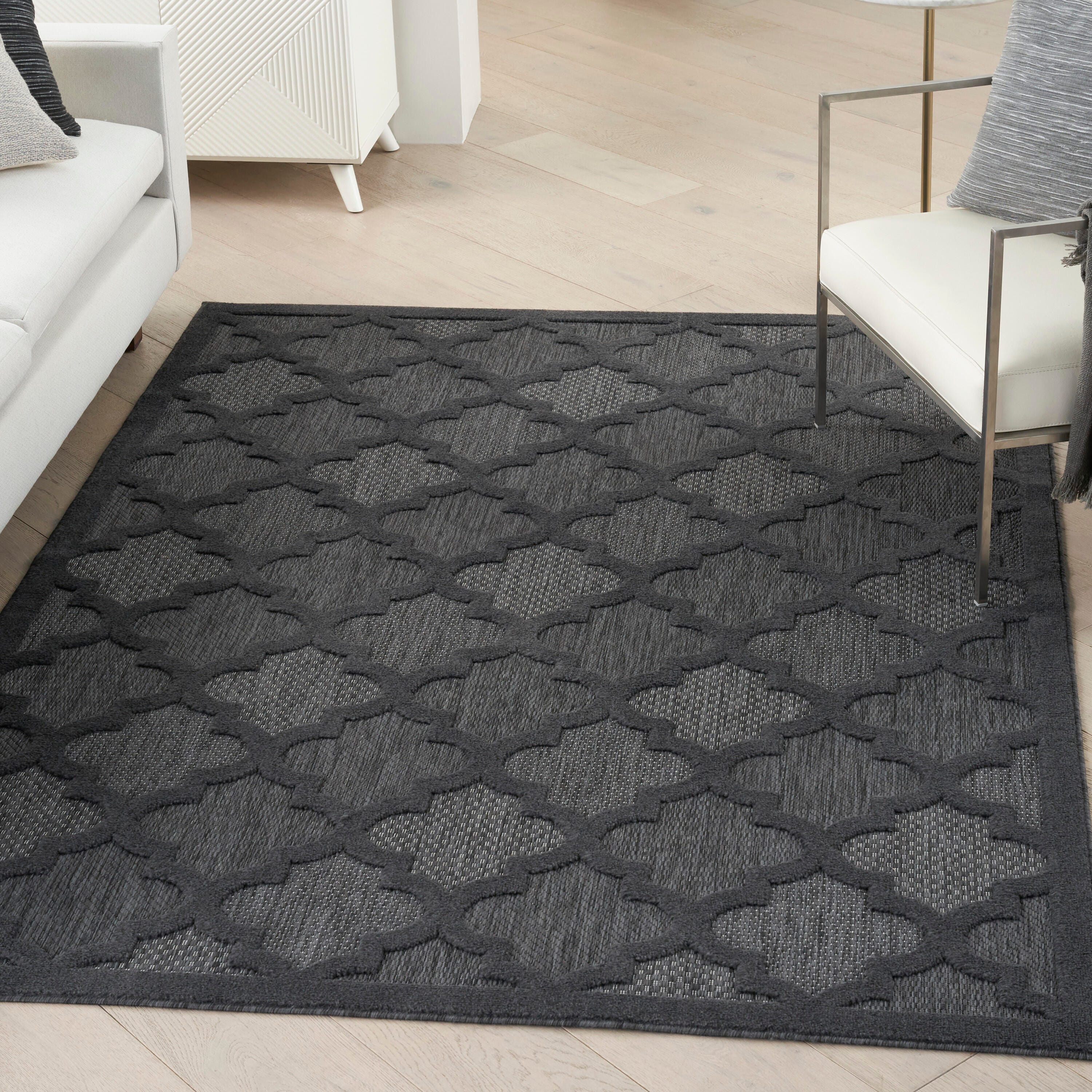 Nourison Home Nourison Easy Care 5' x 7' Charcoal/Black Modern Indoor/Outdoor Rug, Charcoal/Black, rollover