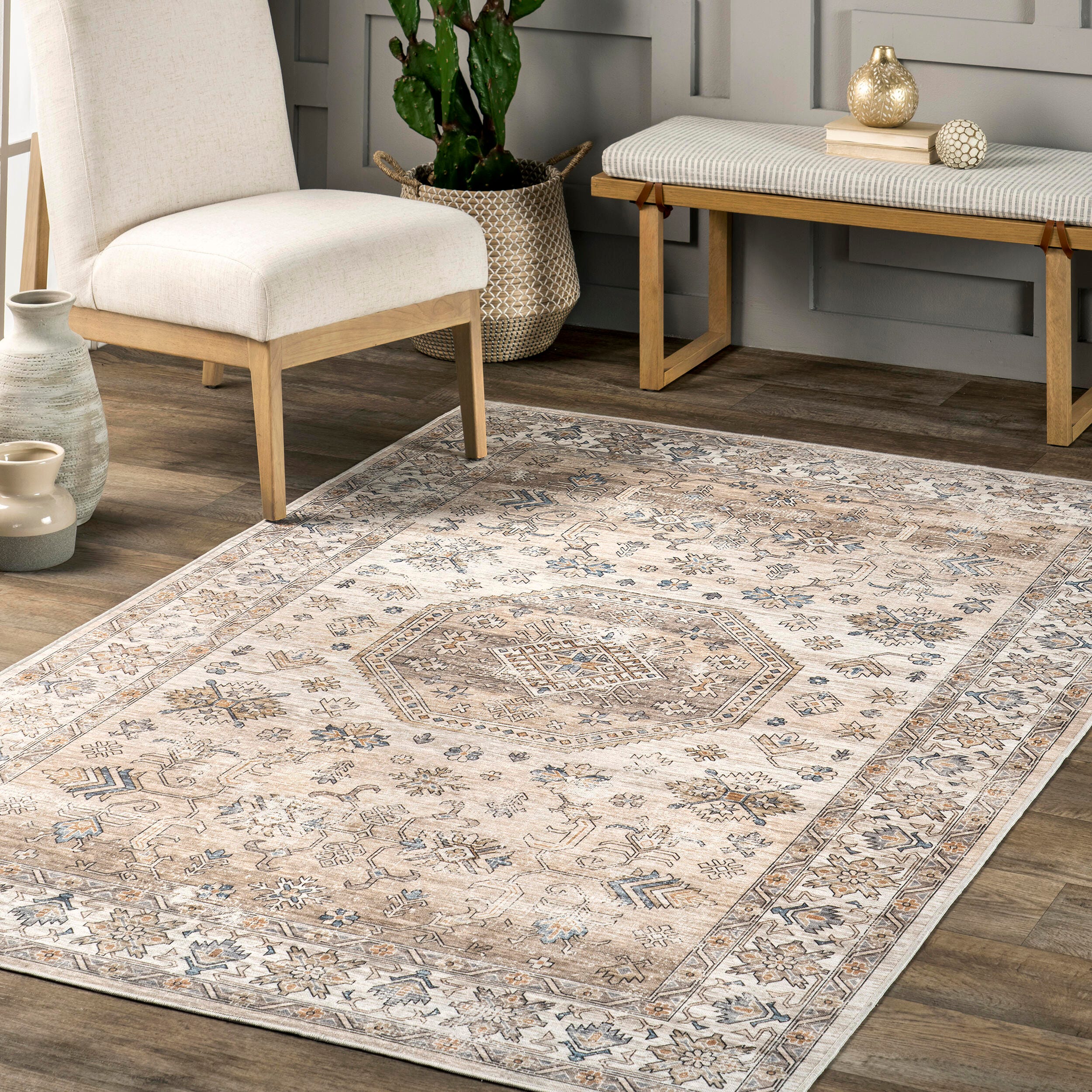 nuLOOM Darby Persian Stain Resistant Machine Washable Area Rug, Beige, large