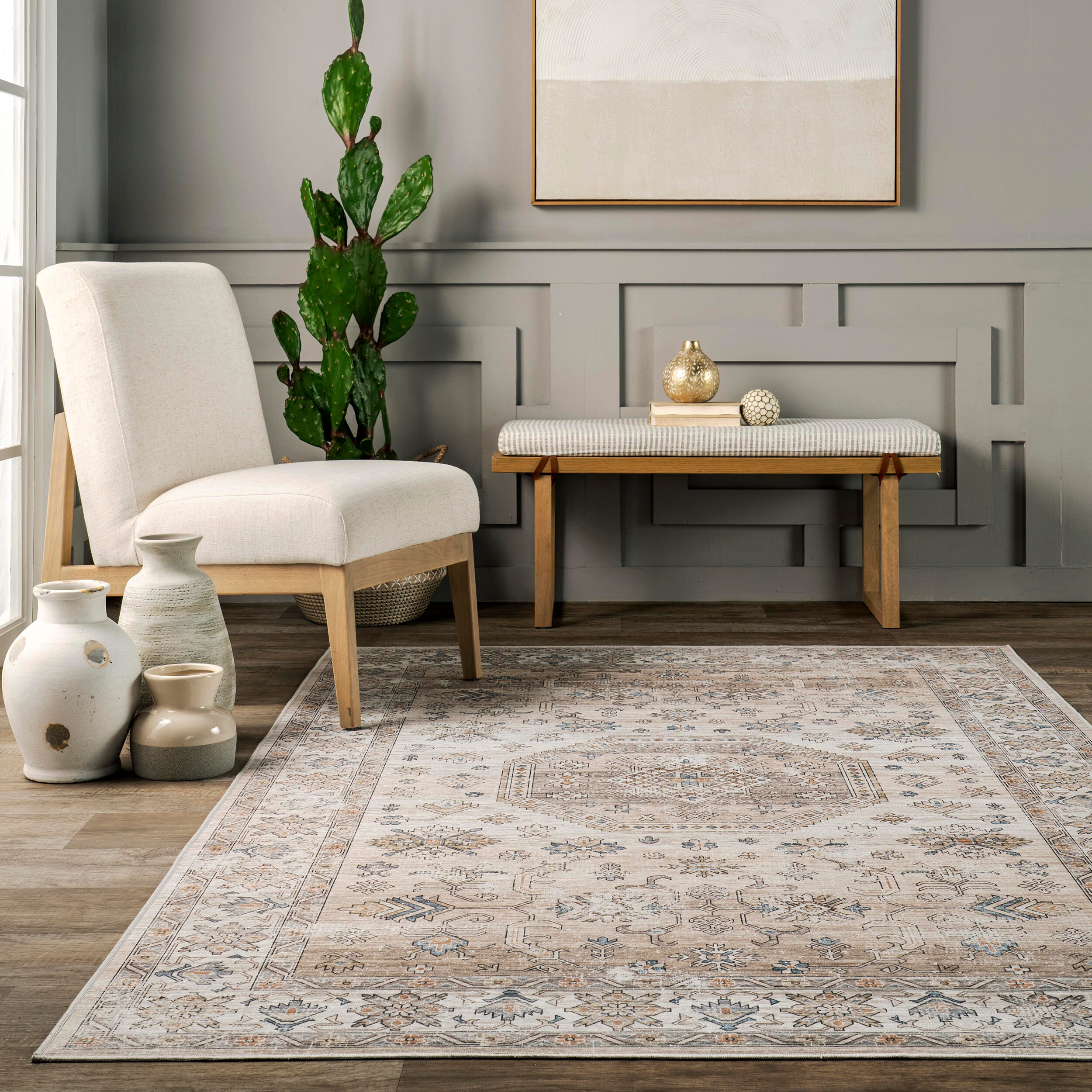 nuLOOM Darby Persian Stain Resistant Machine Washable Area Rug, Beige, large