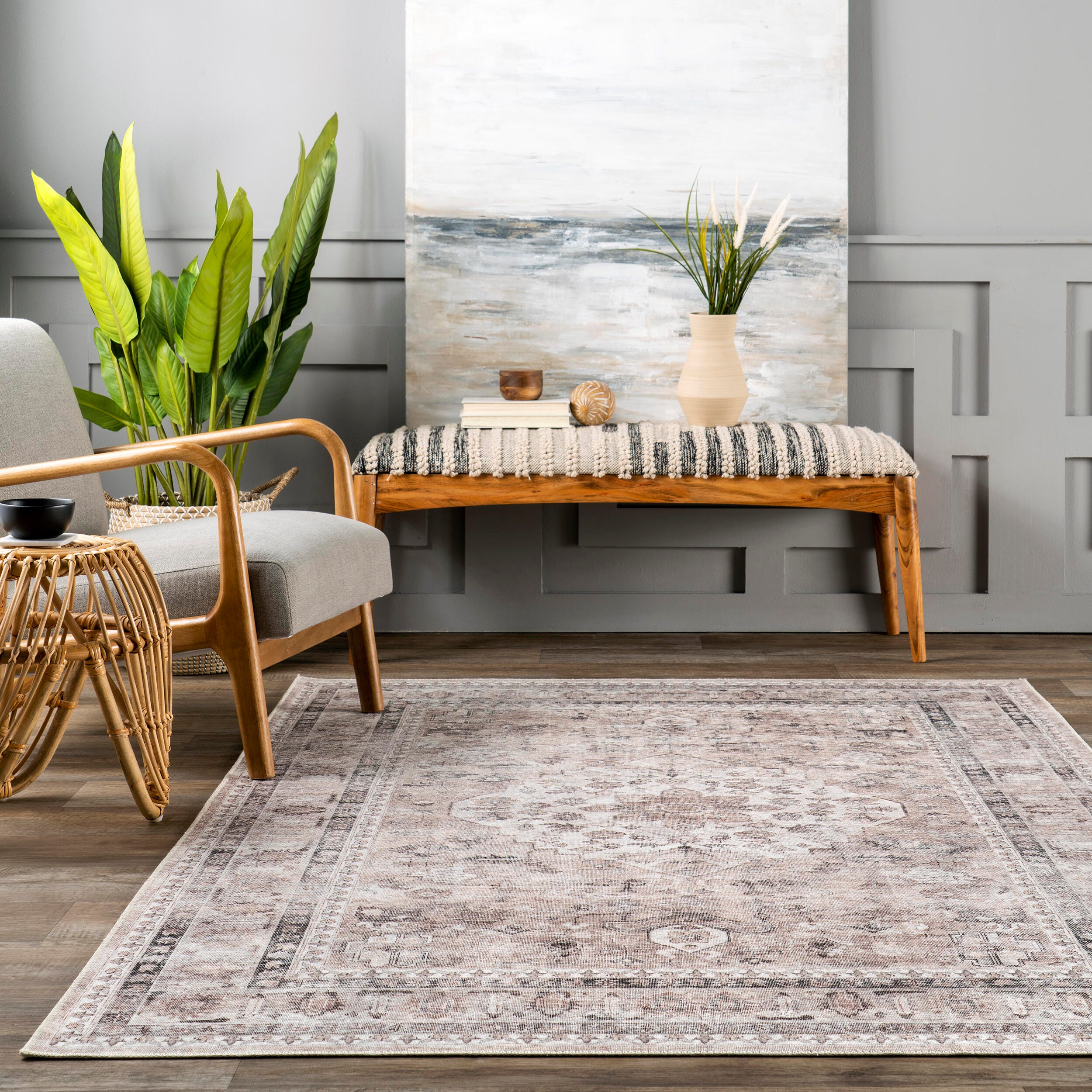 nuLOOM Davi Faded Stain-Resistant Machine Washable Area Rug, Stone, large