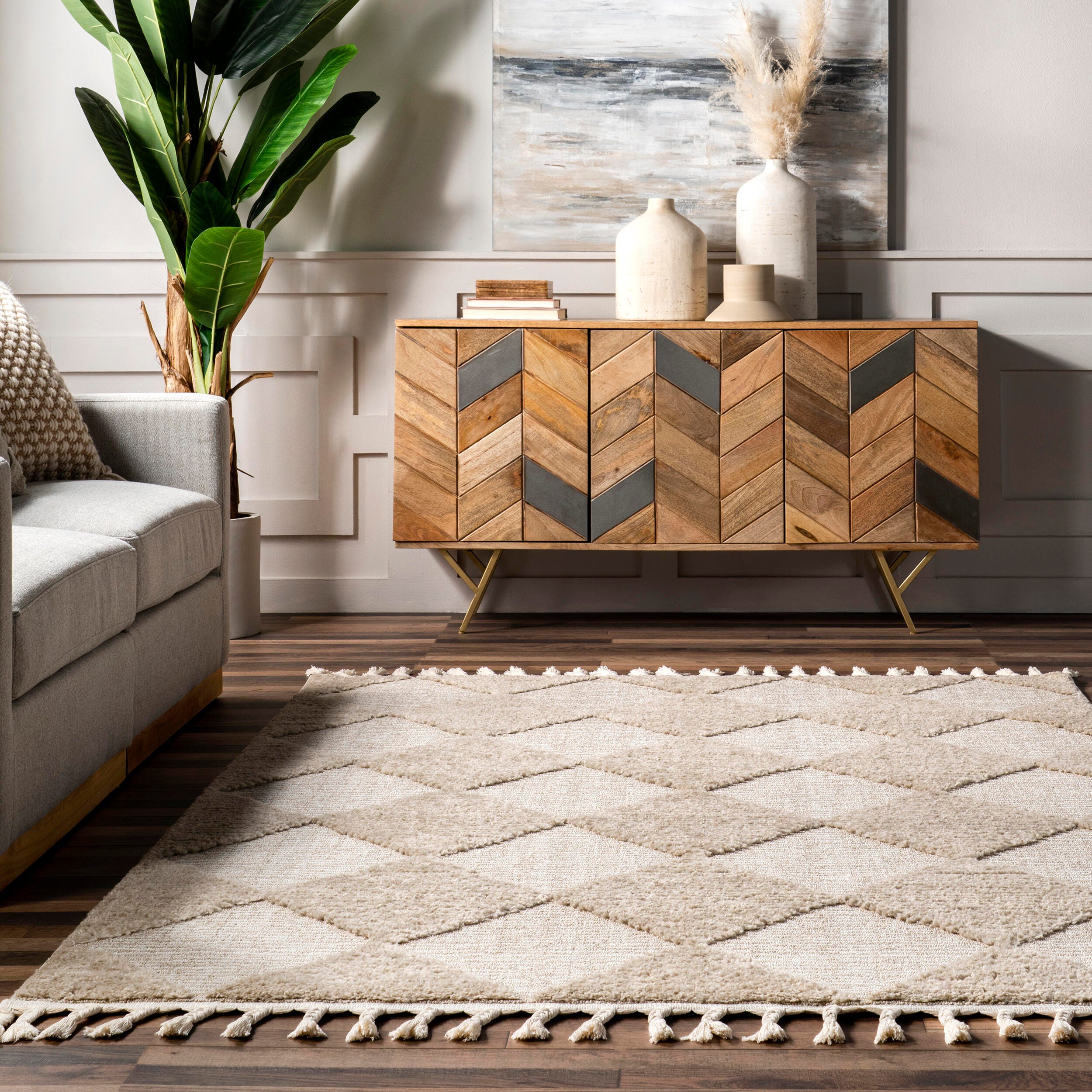nuLOOM Marissa High/Low Diamond Tassel Area Rug, Ivory, large