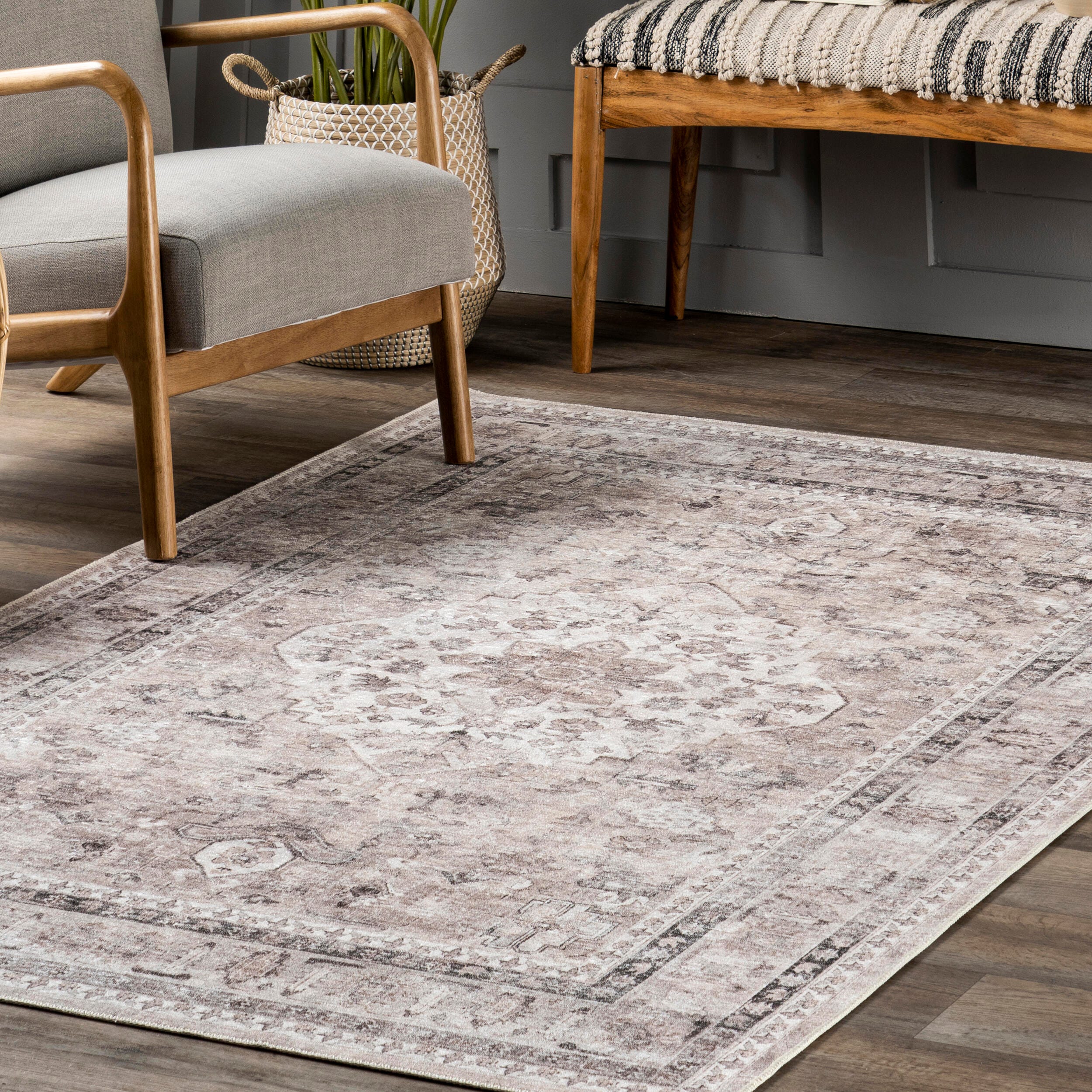 nuLOOM Davi Faded Stain-Resistant Machine Washable Area Rug, Stone, large
