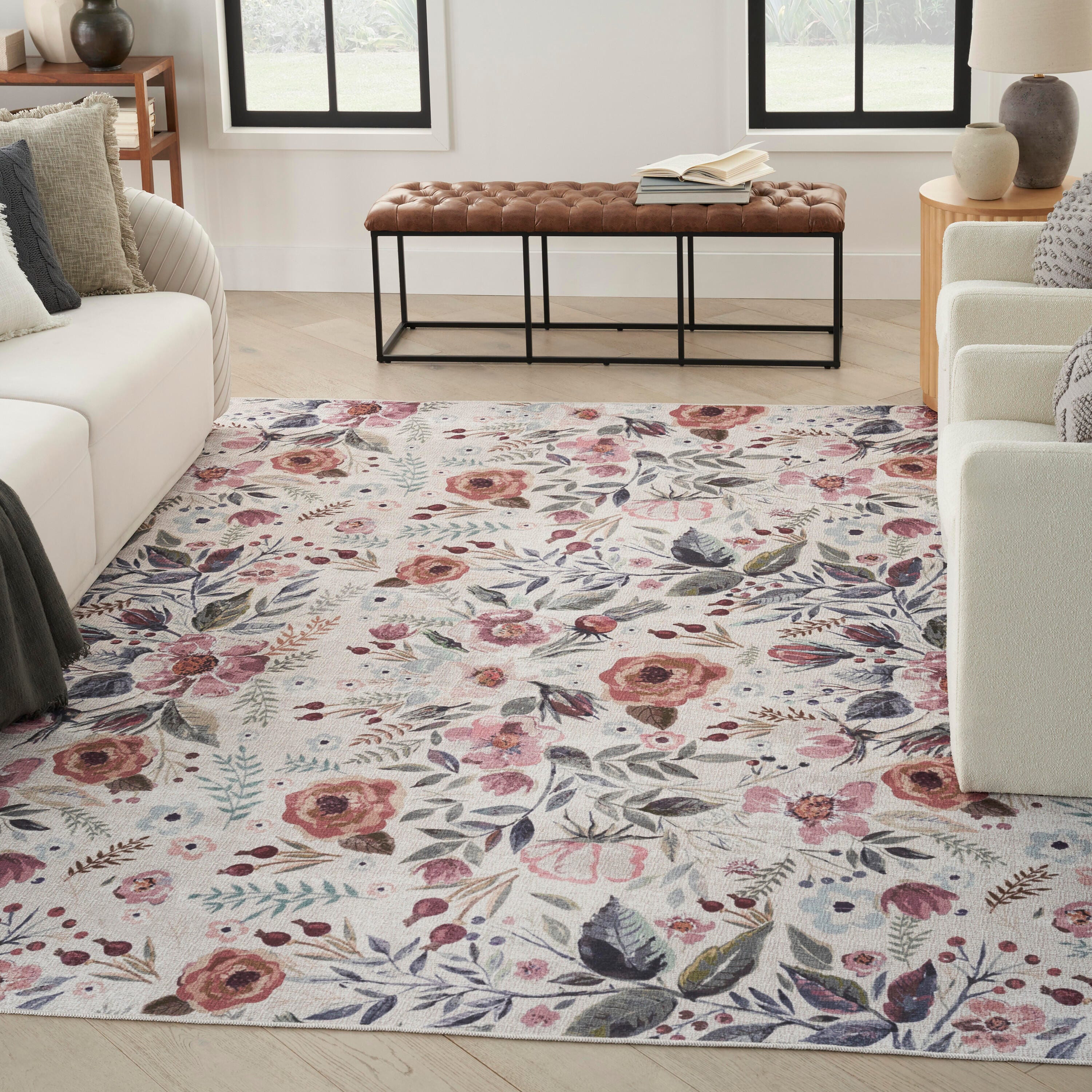 Nourison Home Machine Washable Series Rug, Ivory/Pink, rollover