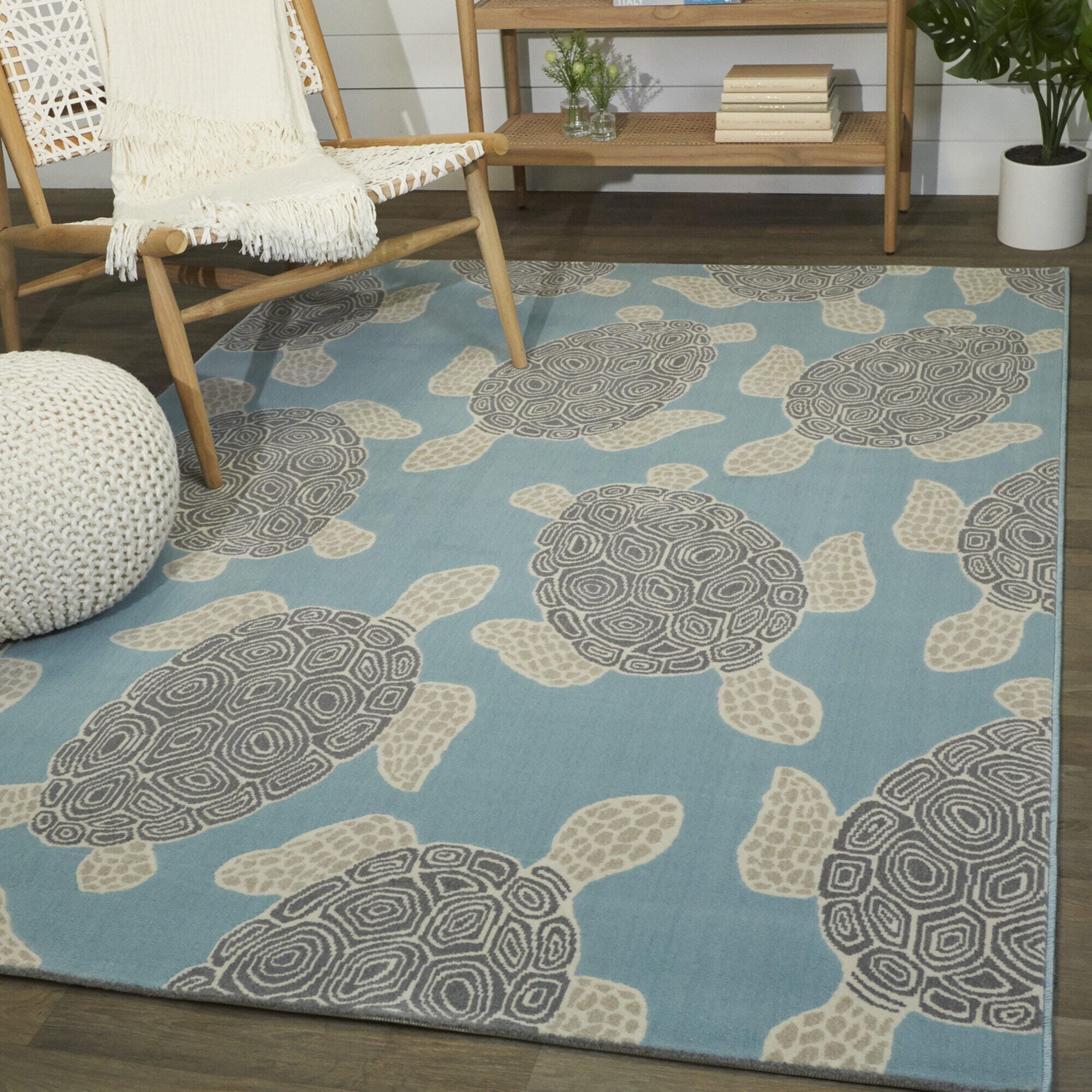 Sullivans Swimming Sea Turtle 5' 3" x 7' Area Rug, Blue, rollover