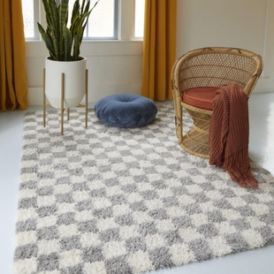 Mackie Checkered Shag 5' 3" x 7' Area Rug, Gray, rollover