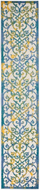 Nourison Home Splash Indoor/Outdoor 2'3" X 10' Leaves Runner, Ivory Blue