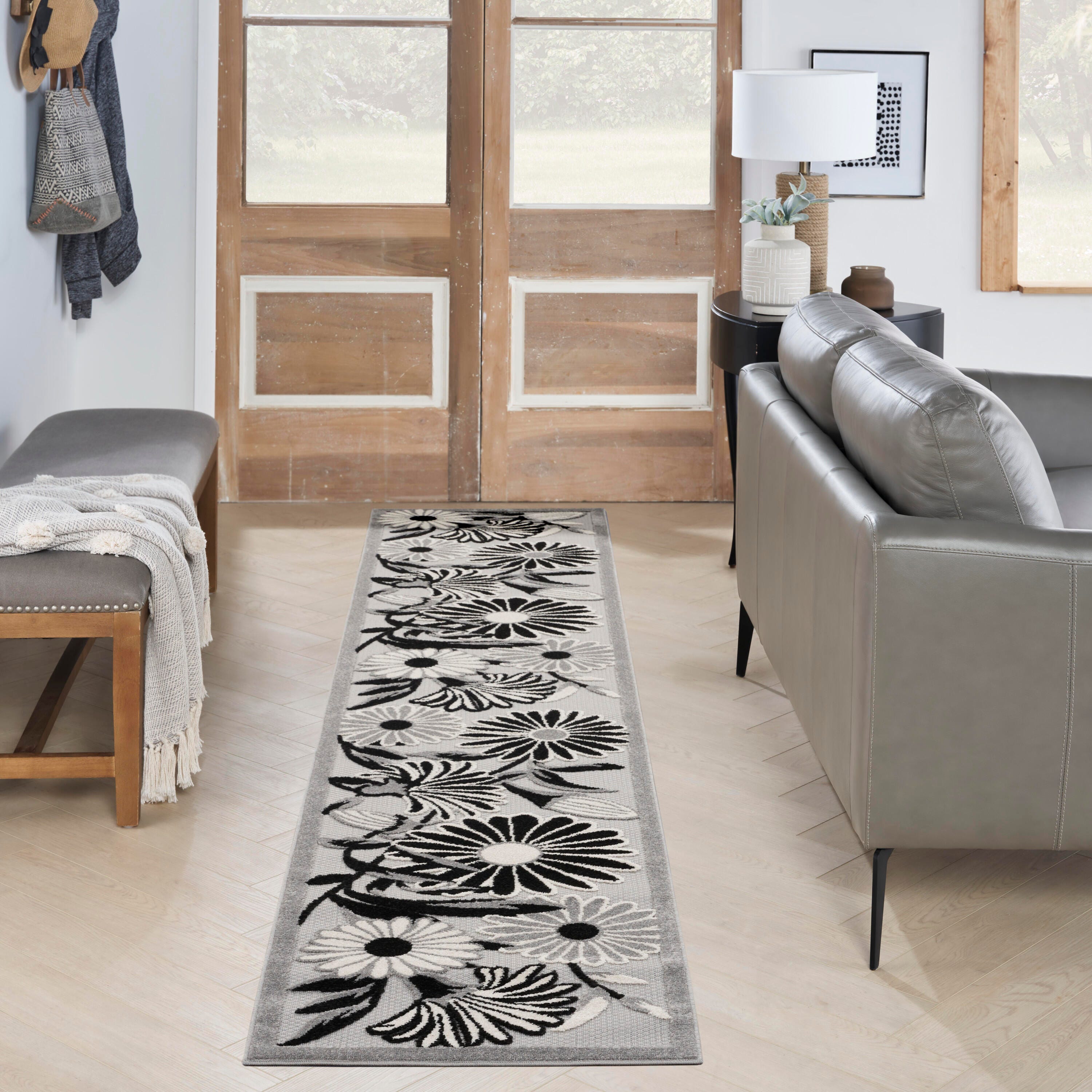 Nourison Home Splash 2'3" X 12' Daisy Floral Runner, Black/White, rollover