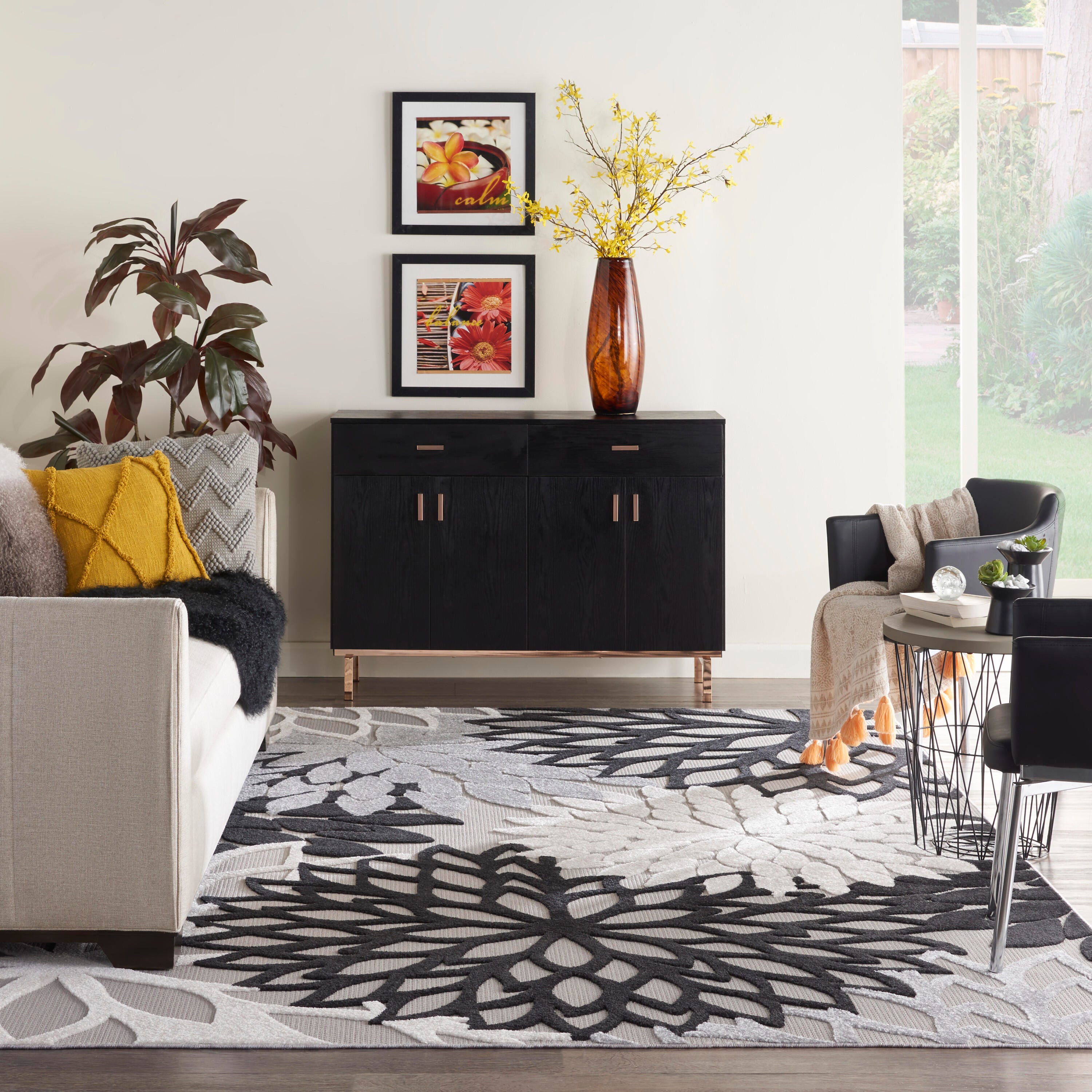 Nourison Home Splash 12' X 15' Dahlia Floral Area Rug, Black/White, large