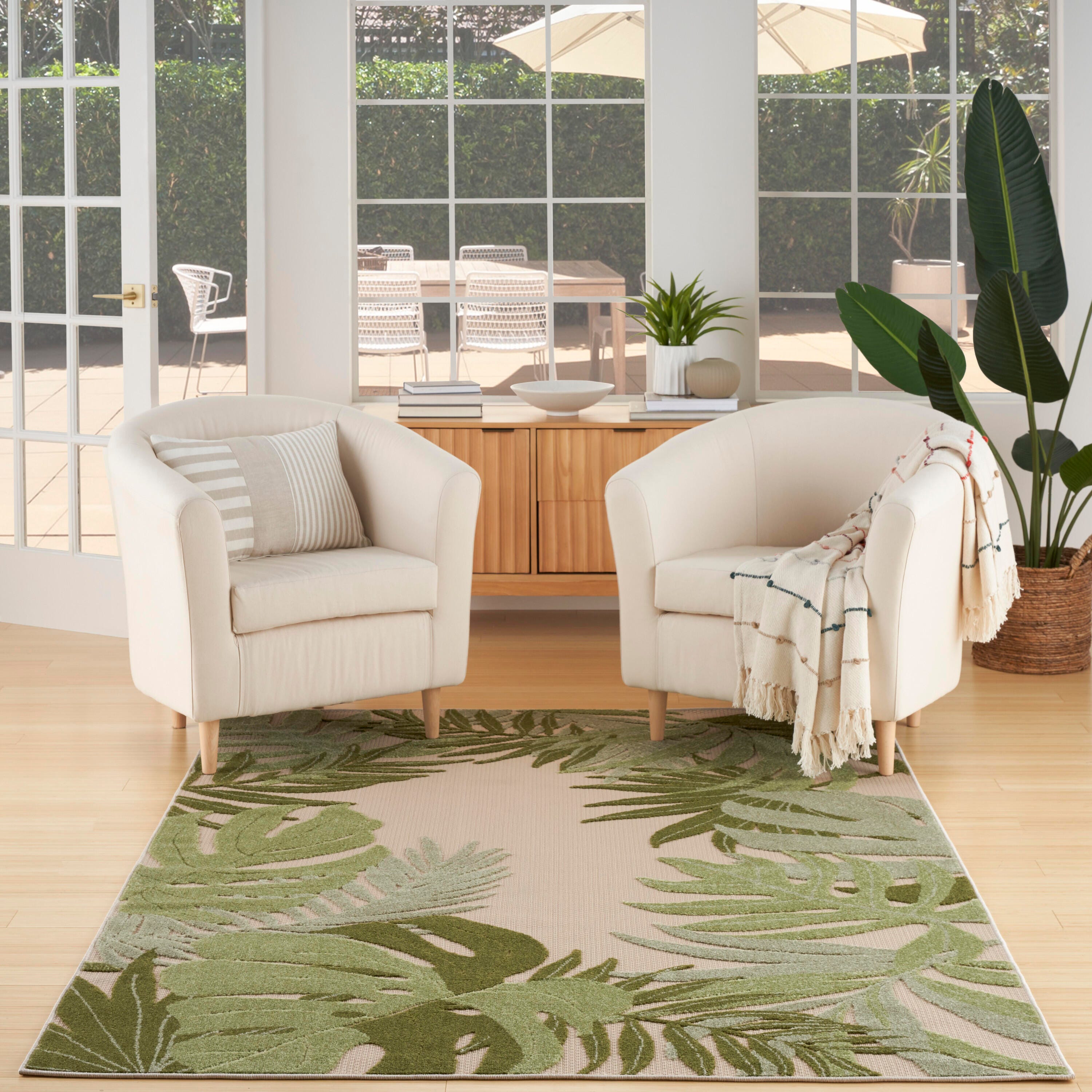 Nourison Home Splash 3'6" X 5'6 Large Palm Indoor/Outdoor Area Rug, Ivory/Green, rollover