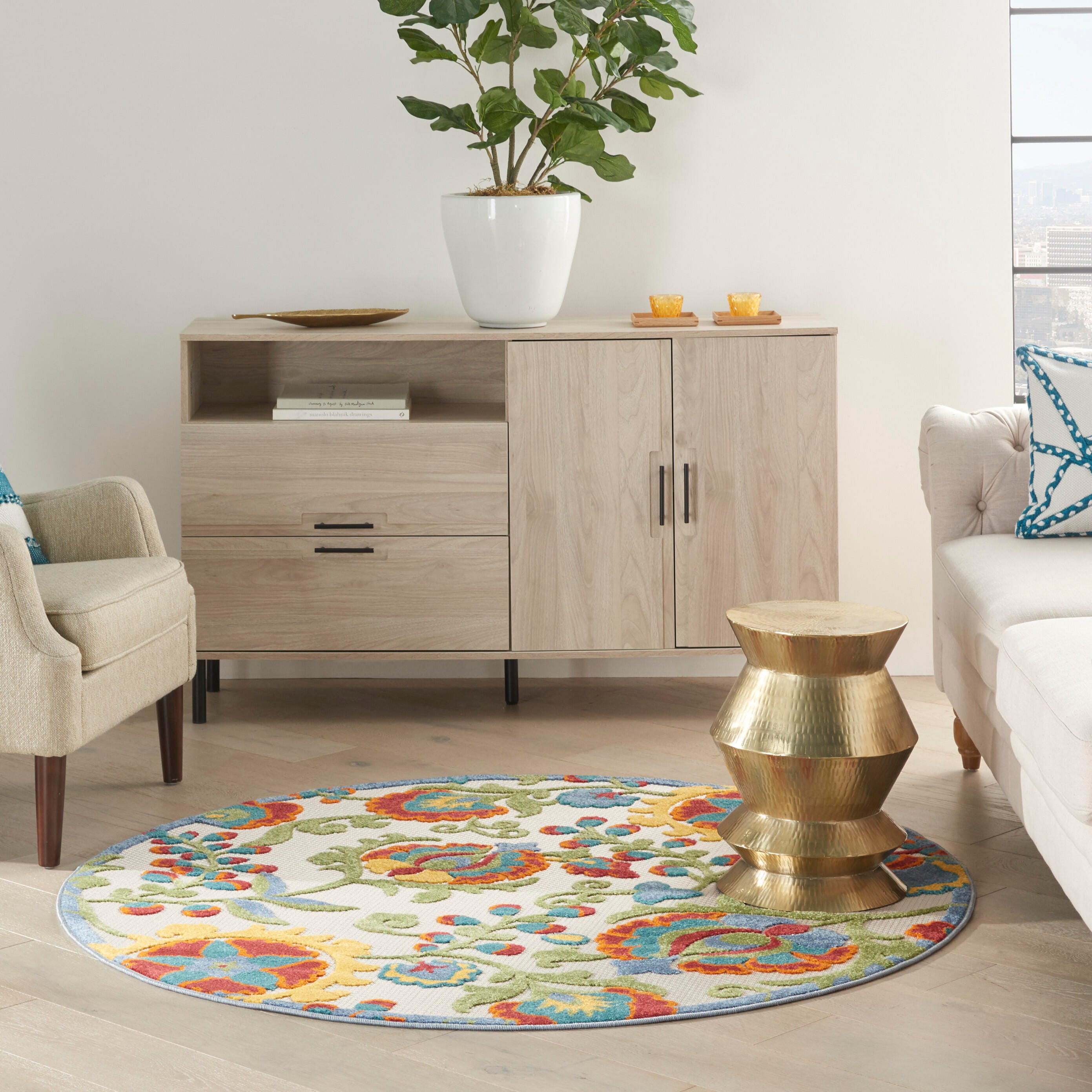 Nourison Home Splash 5'3" X Round Leafy Vines Area Rug, Ivory/Multi, large