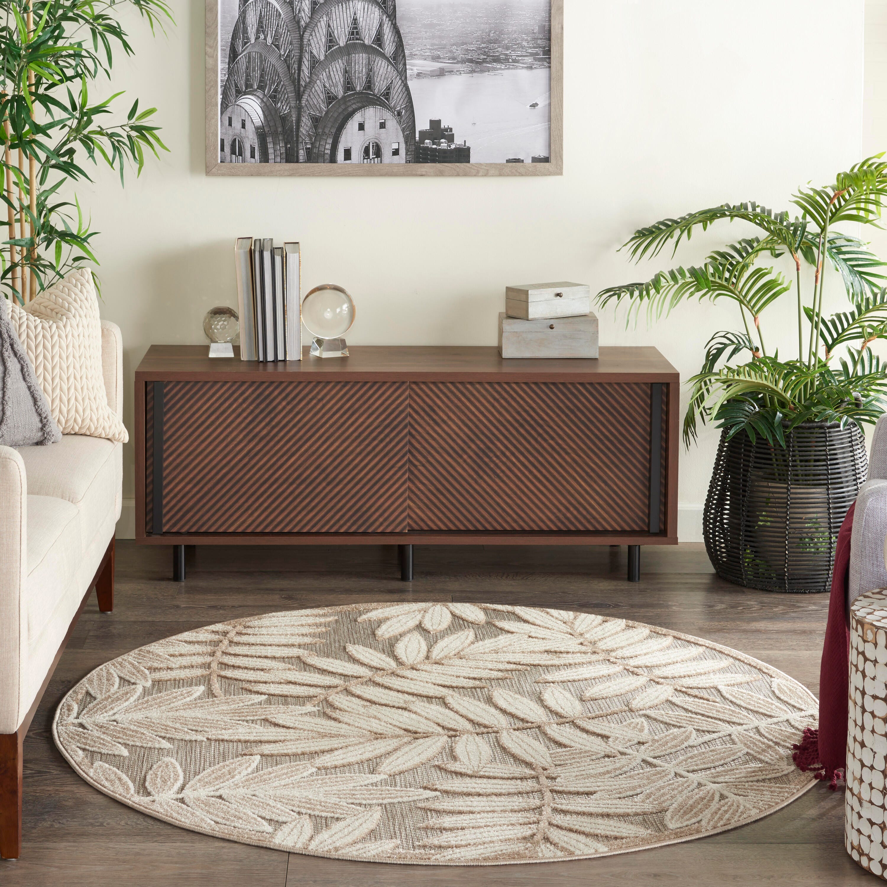 Nourison Home Splash 5'3" X Round Botanical Pattern Area Rug, Natural, large