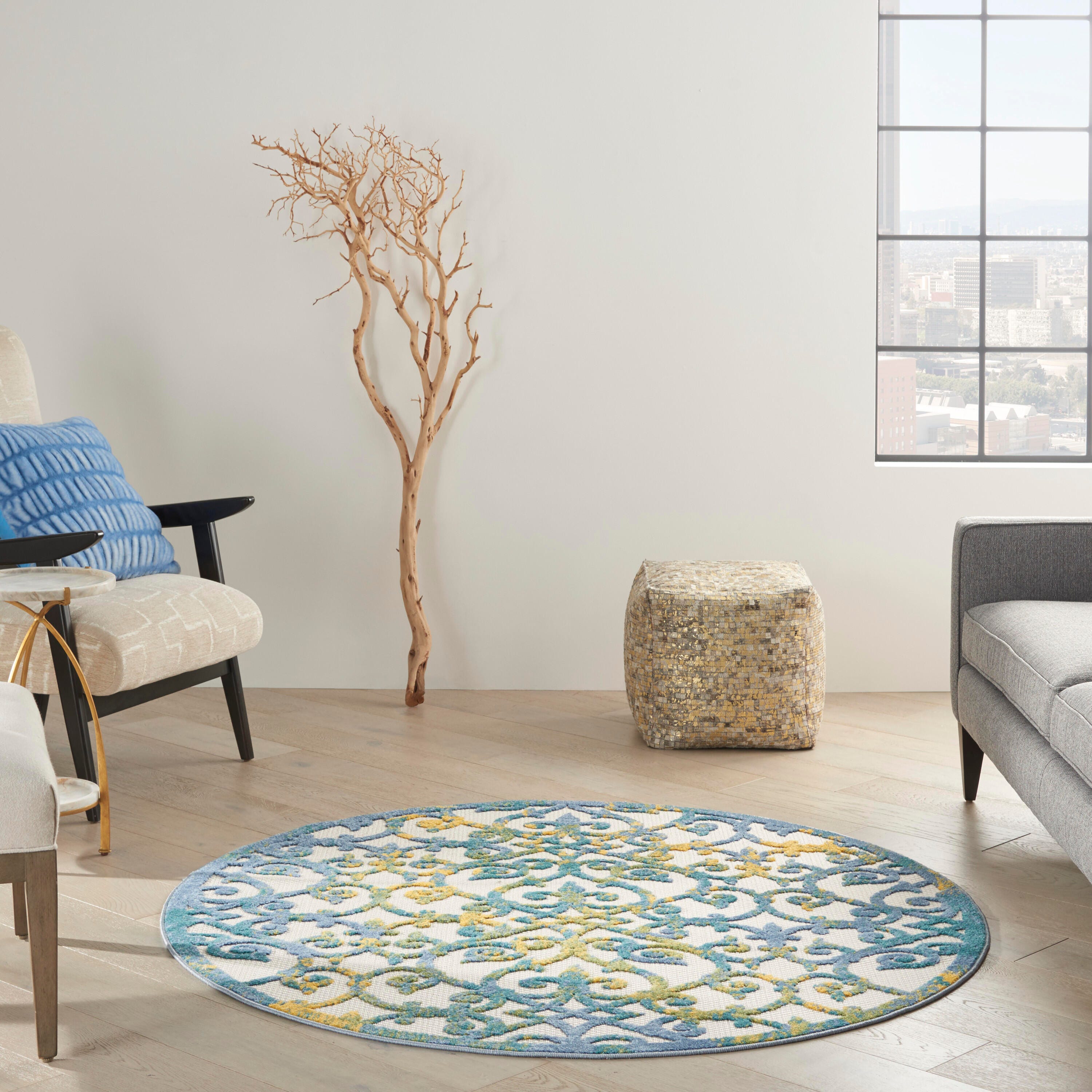 Nourison Home Splash 5'3" X Round Geometric Area Rug, Ivory Blue, large