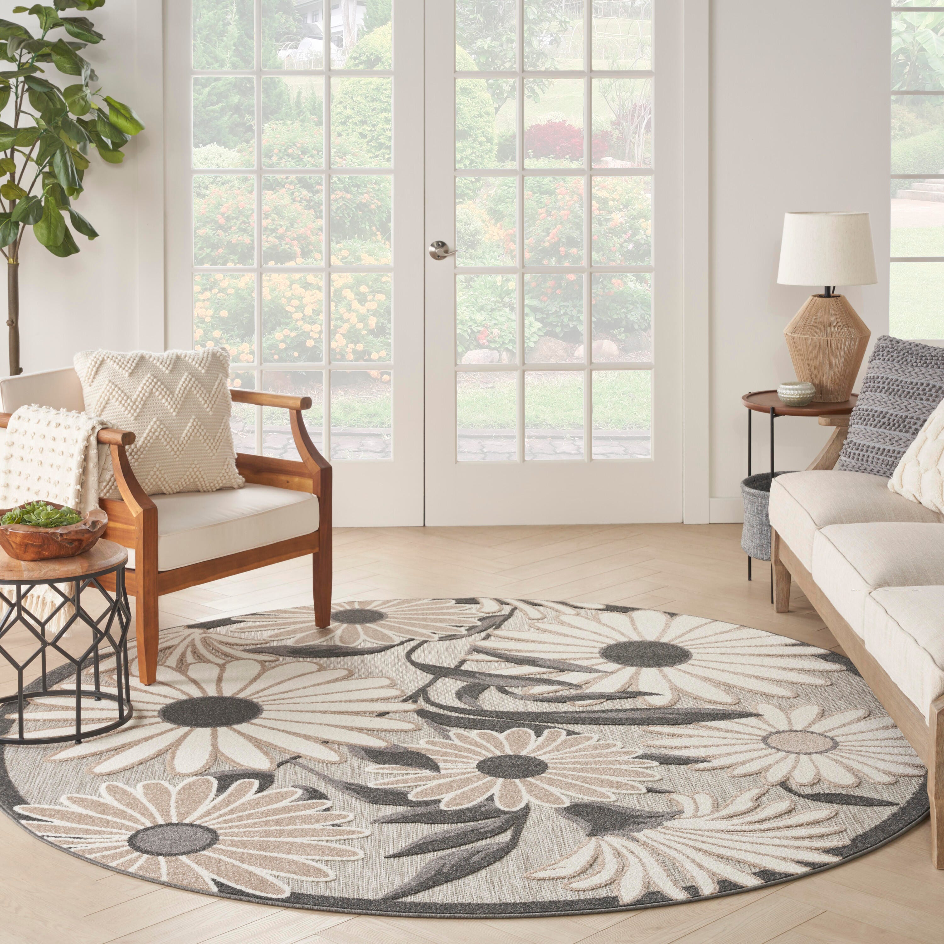 Nourison Home Splash 5'3" X Round Daisy Floral Area Rug, Beige, large