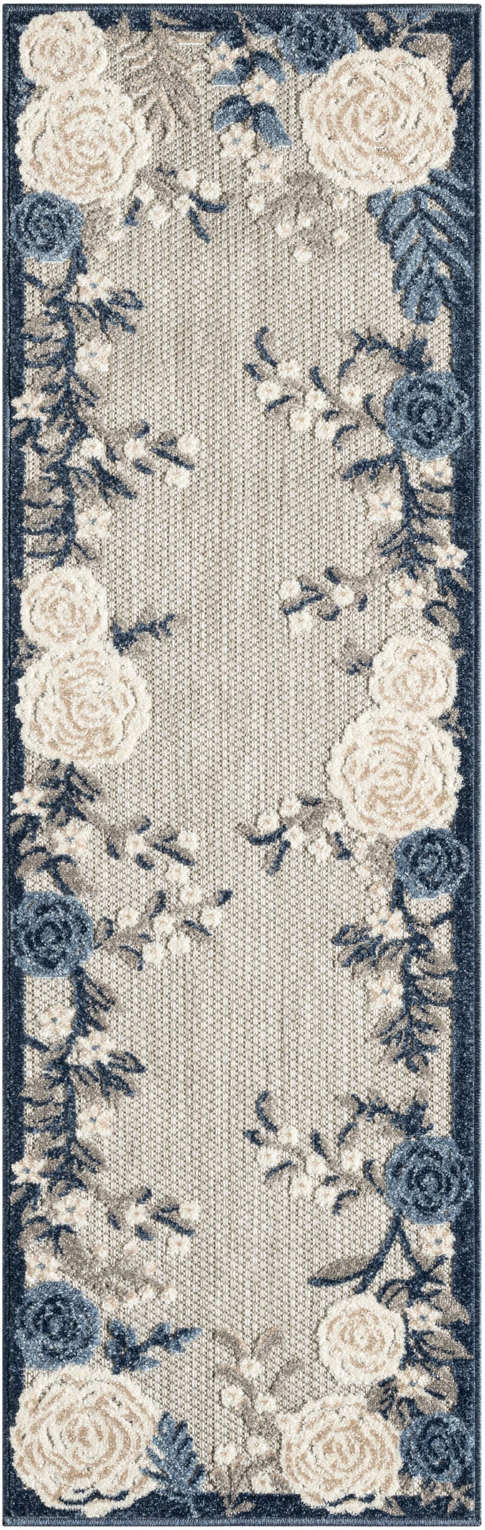 Nourison Home Splash 2' X 6' Rose Floral Indoor/Outdoor Area Rug, Blue/Gray, large