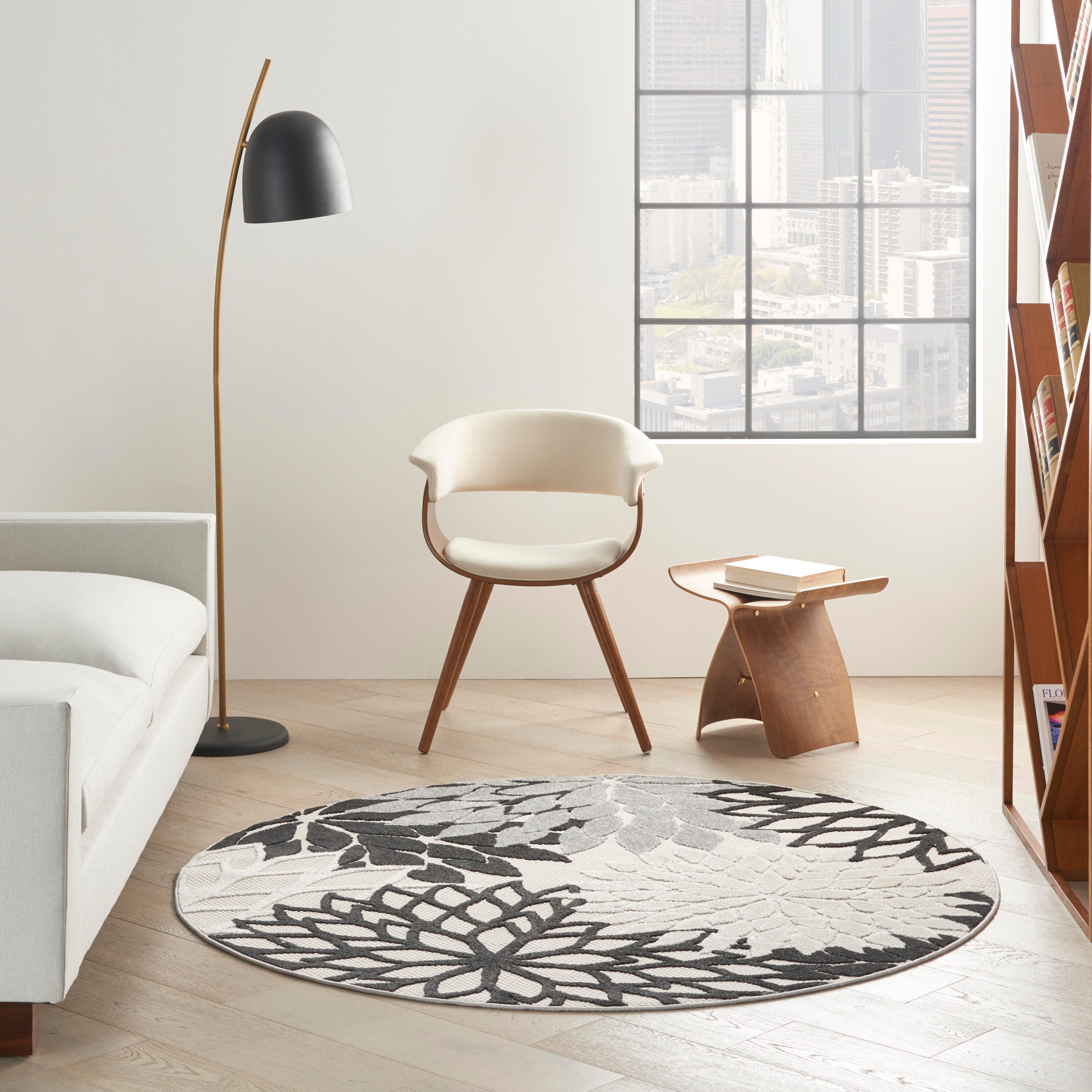 Nourison Home Splash 5'3" X Round Dahlia Floral Area Rug, Black/White, large