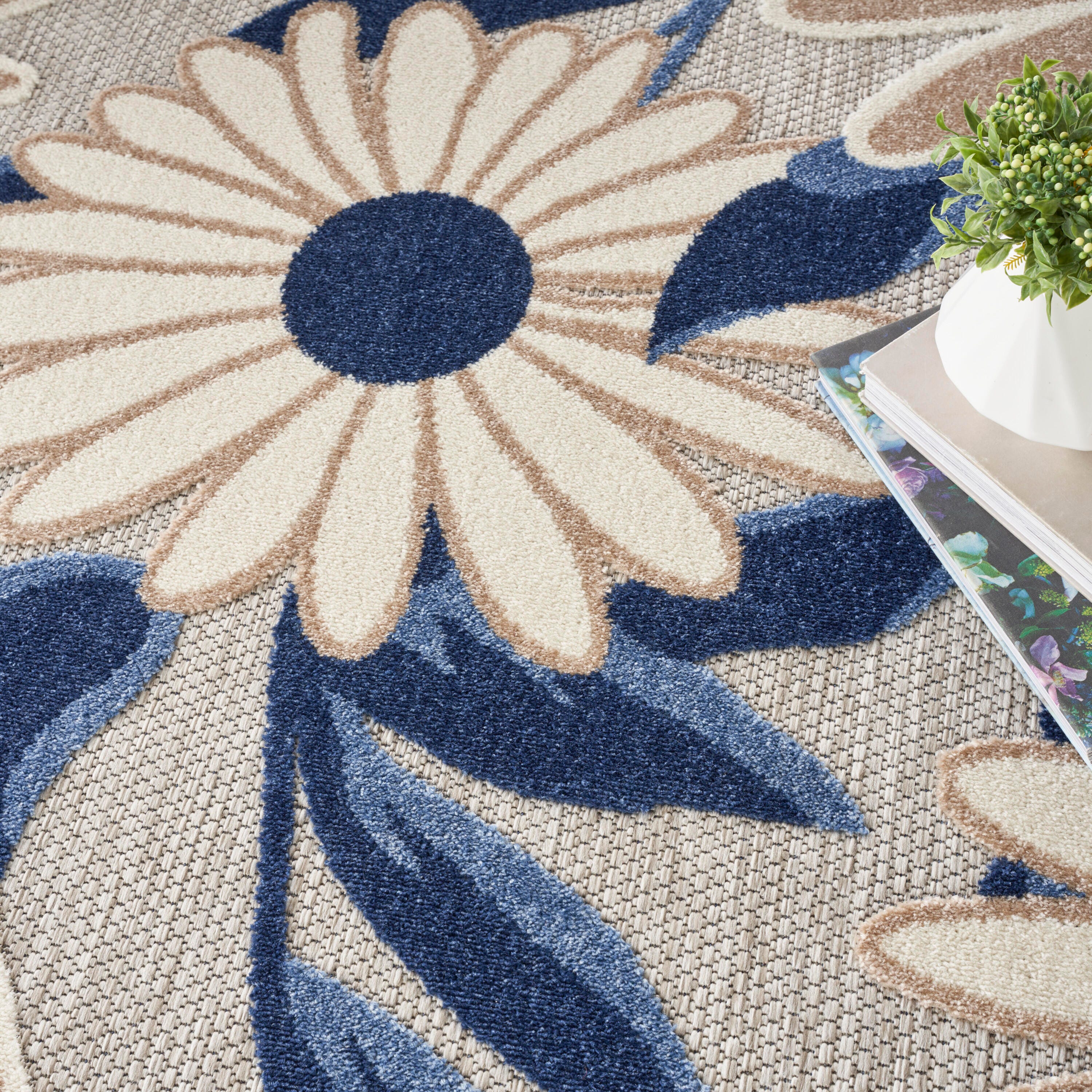Nourison Home Splash 5'3" X Round Daisy Floral Area Rug, Blue/Gray, large