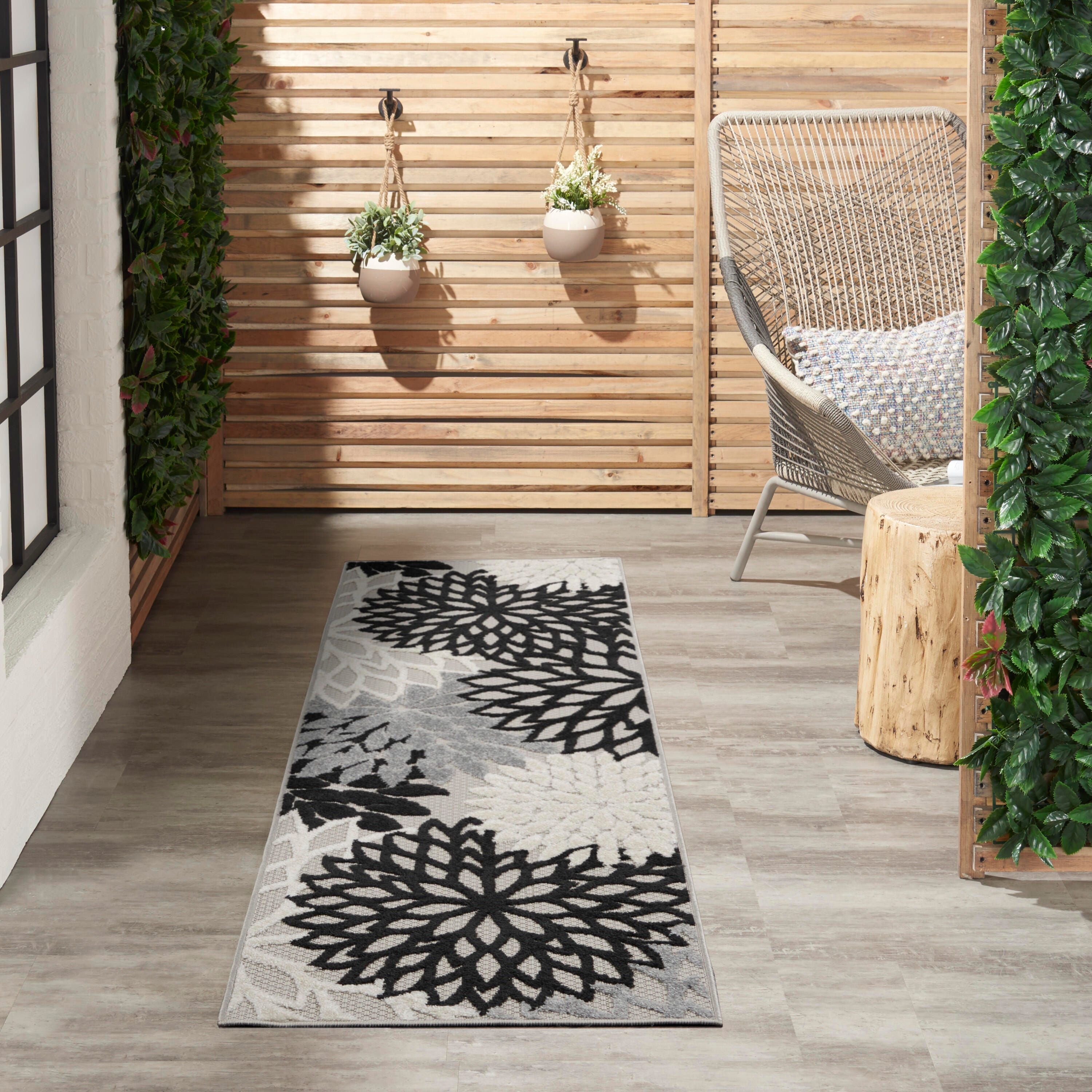 Nourison Home Splash 2'3" X 8' Dahlia Floral Area Rug, Black/White, large