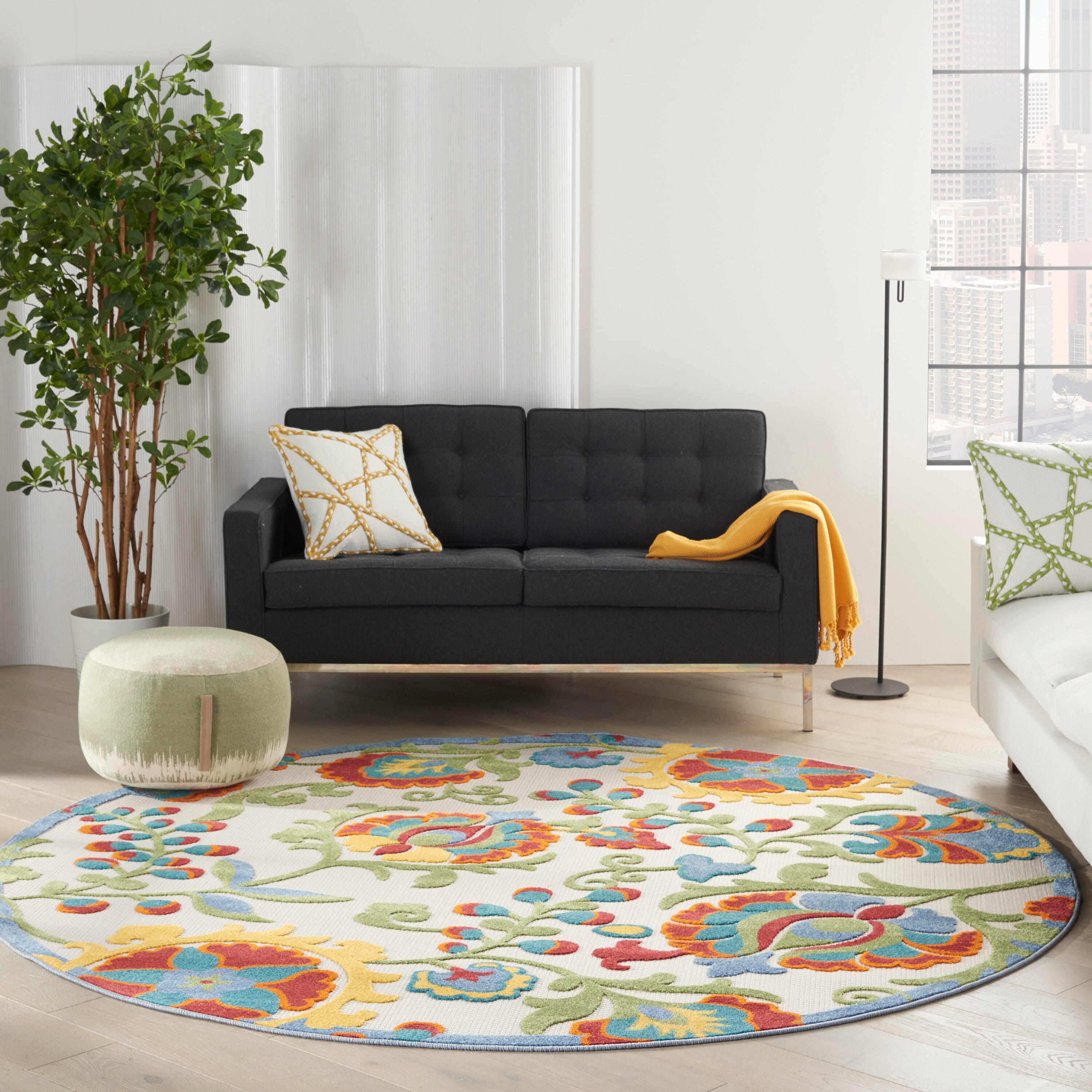 Nourison Home Splash 7'10"X Round Leafy Vines Area Rug, Ivory/Multi, large