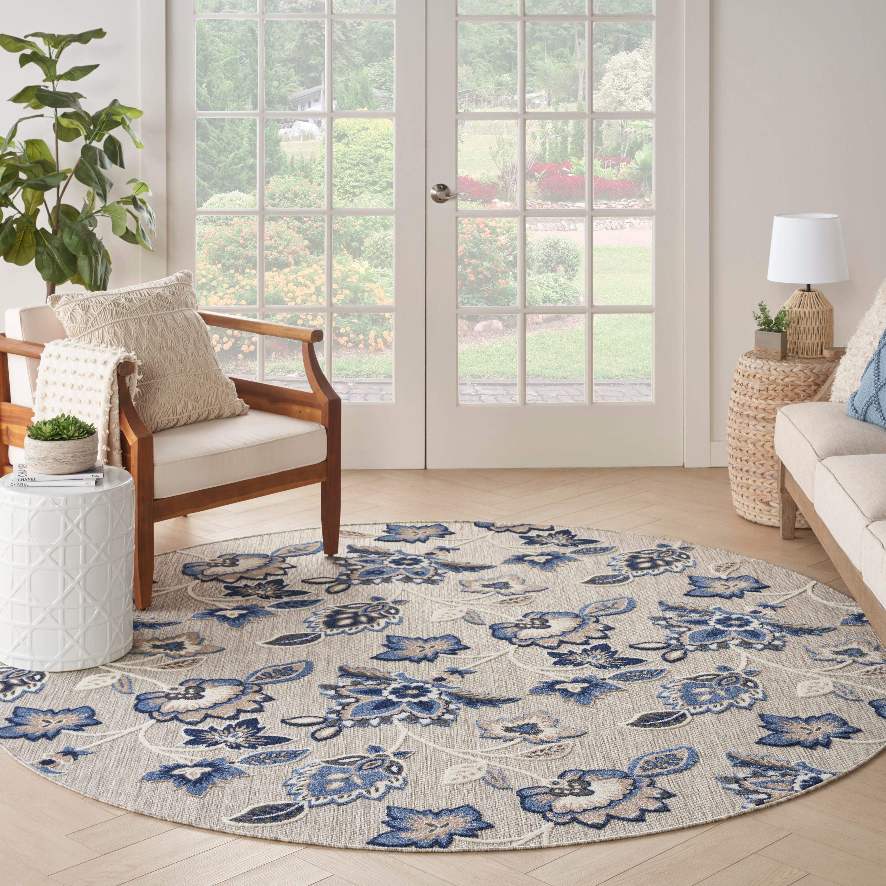 Nourison Home Splash 7'10"X Round Floral Area Rug, Blue/Gray, large